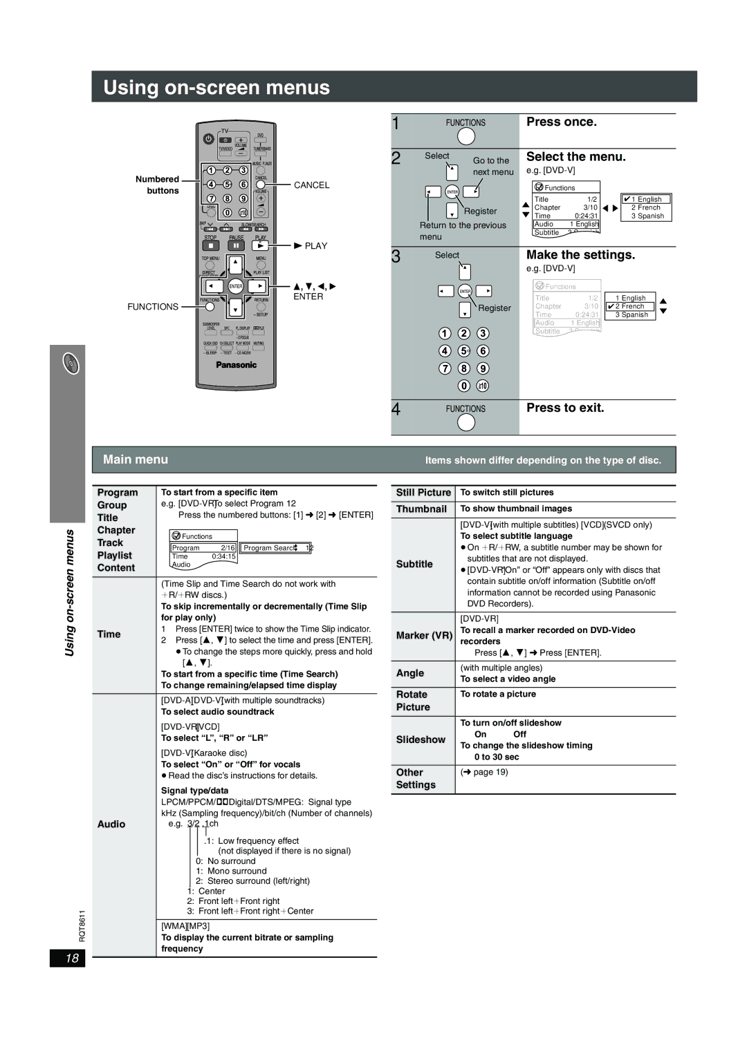 Panasonic SC-HT640W manual Main menu, Screen 