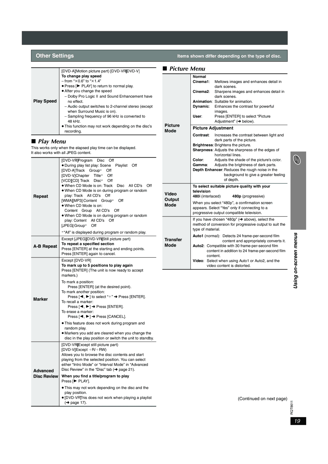 Panasonic SC-HT640W manual Picture Menu, Play Menu, Other Settings, Using on-screen menus 