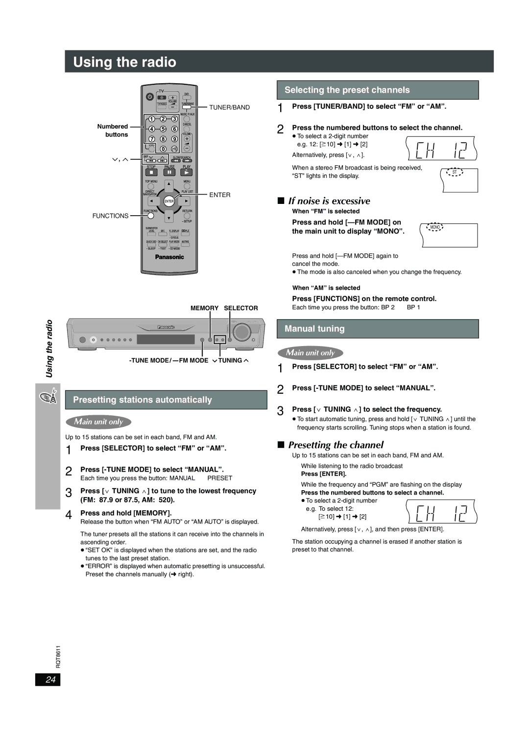 Panasonic SC-HT640W manual If noise is excessive, Presetting the channel, Selecting the preset channels, Manual tuning 