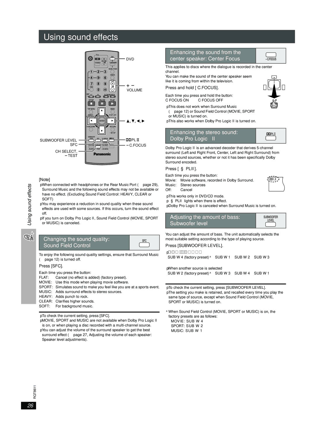 Panasonic SC-HT640W manual Using sound effects 