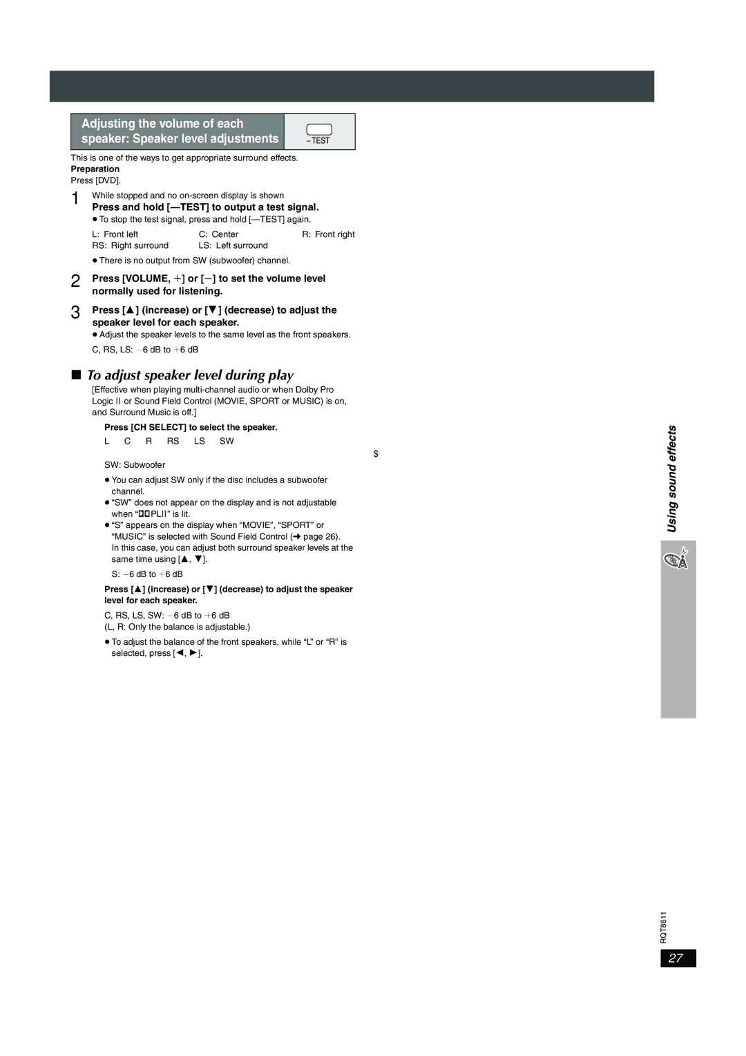 Panasonic SC-HT640W manual To adjust speaker level during play, Speaker Sp aker level adjustments, Using sound effects 