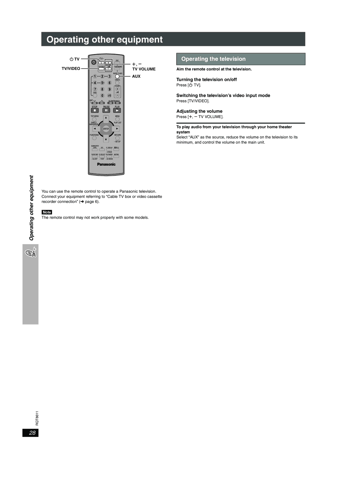 Panasonic SC-HT640W manual Operating other equipment, Operating the television, Turning the television on/off 