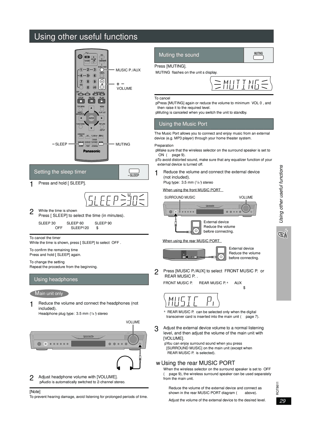 Panasonic SC-HT640W manual Using other useful functions, Using the rear Music Port 