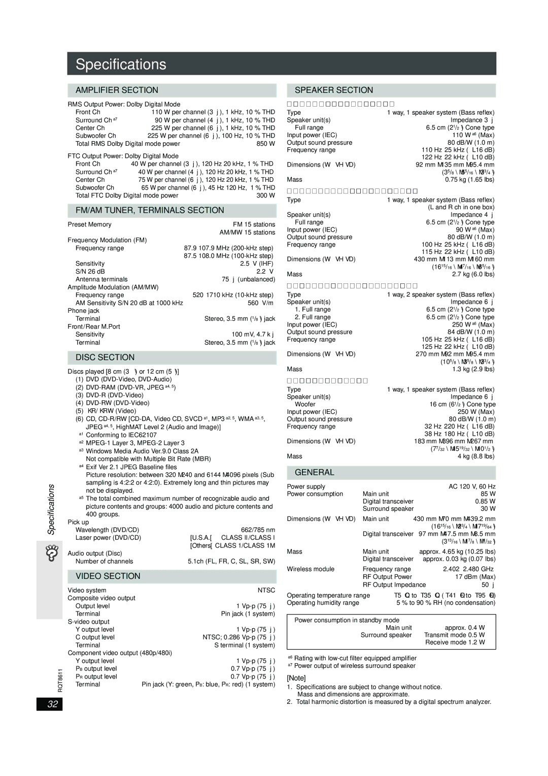 Panasonic SC-HT640W manual Specifications 