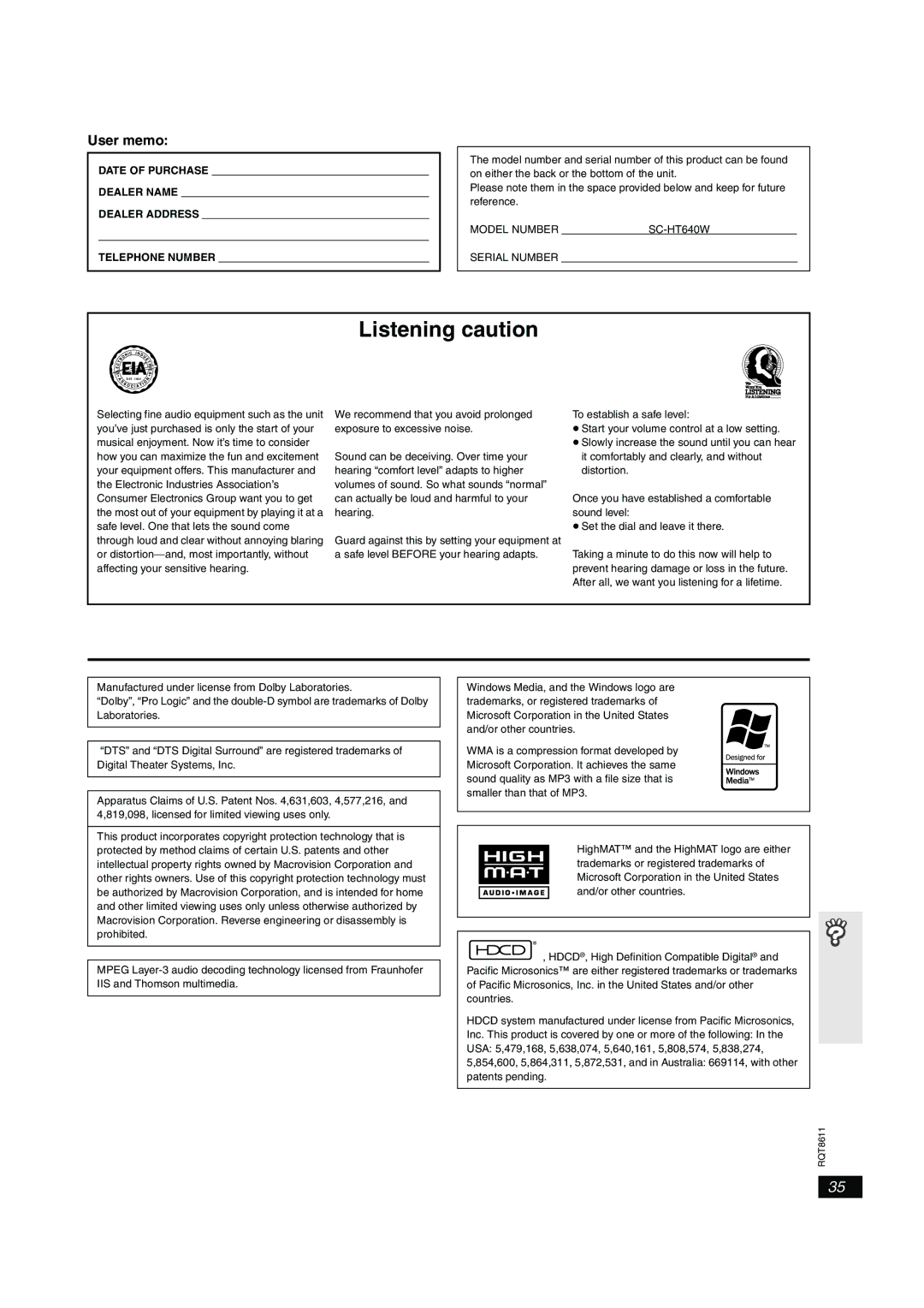 Panasonic SC-HT640W manual Listening caution 