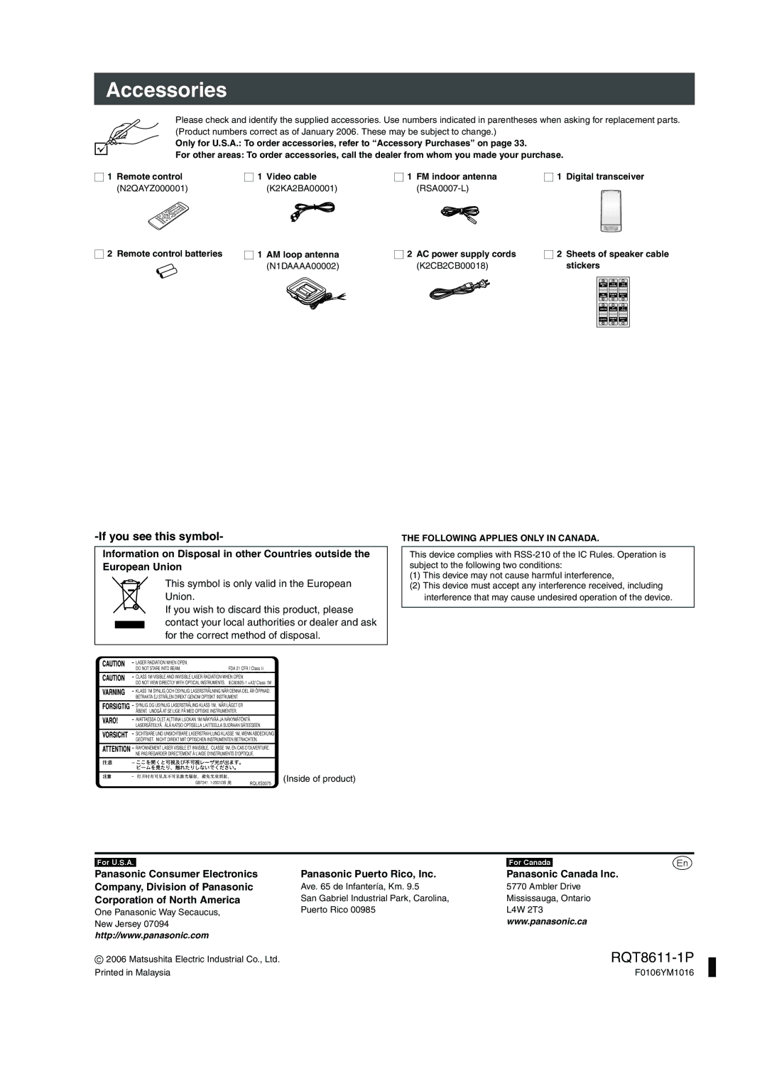 Panasonic SC-HT640W Accessories, If you see this symbol, Corporation of North America, Following Applies only in Canada 