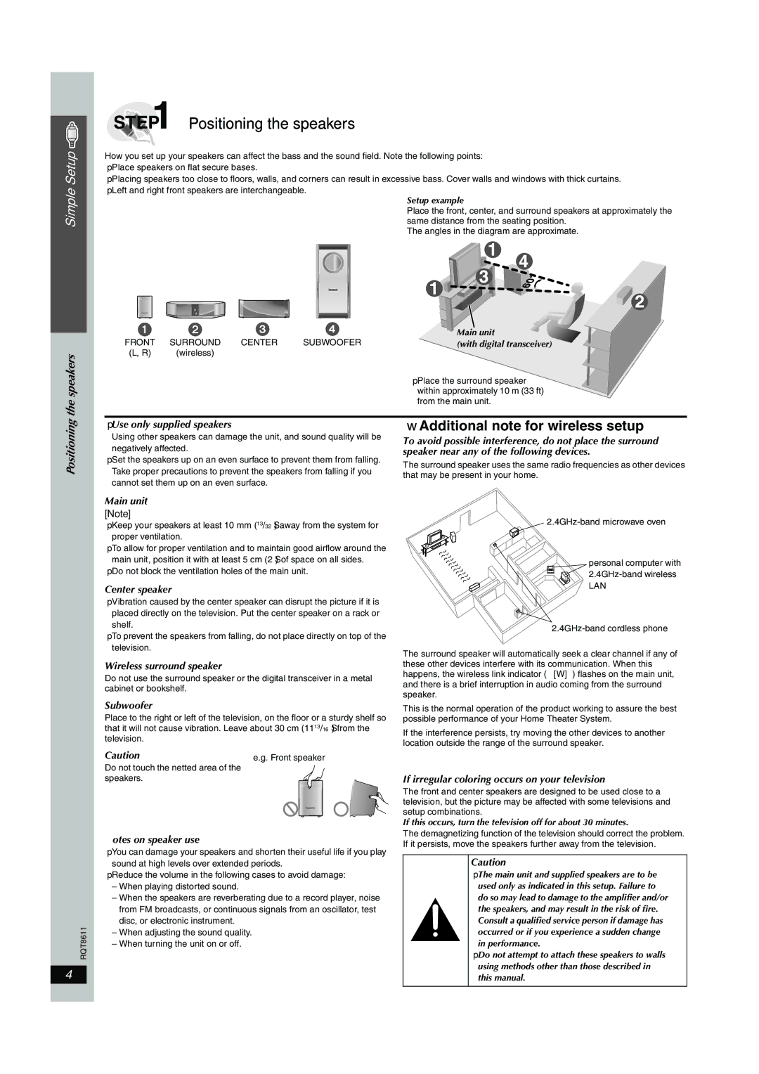 Panasonic SC-HT640W manual Additional note for wireless setup, Speakers, Positioning 