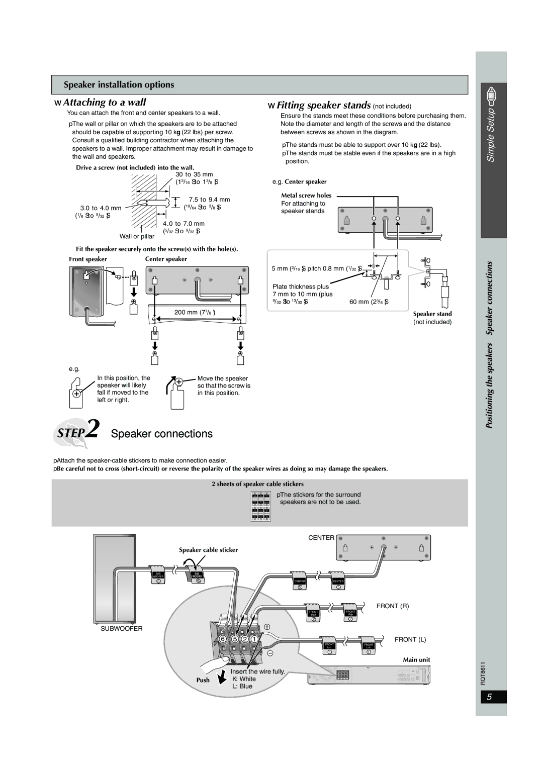 Panasonic SC-HT640W manual Attaching to a wall Fitting speaker stands not included 