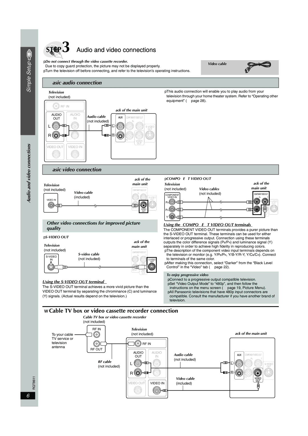 Panasonic SC-HT640W manual Cable TV box or video cassette recorder connection, Audio and video connections 