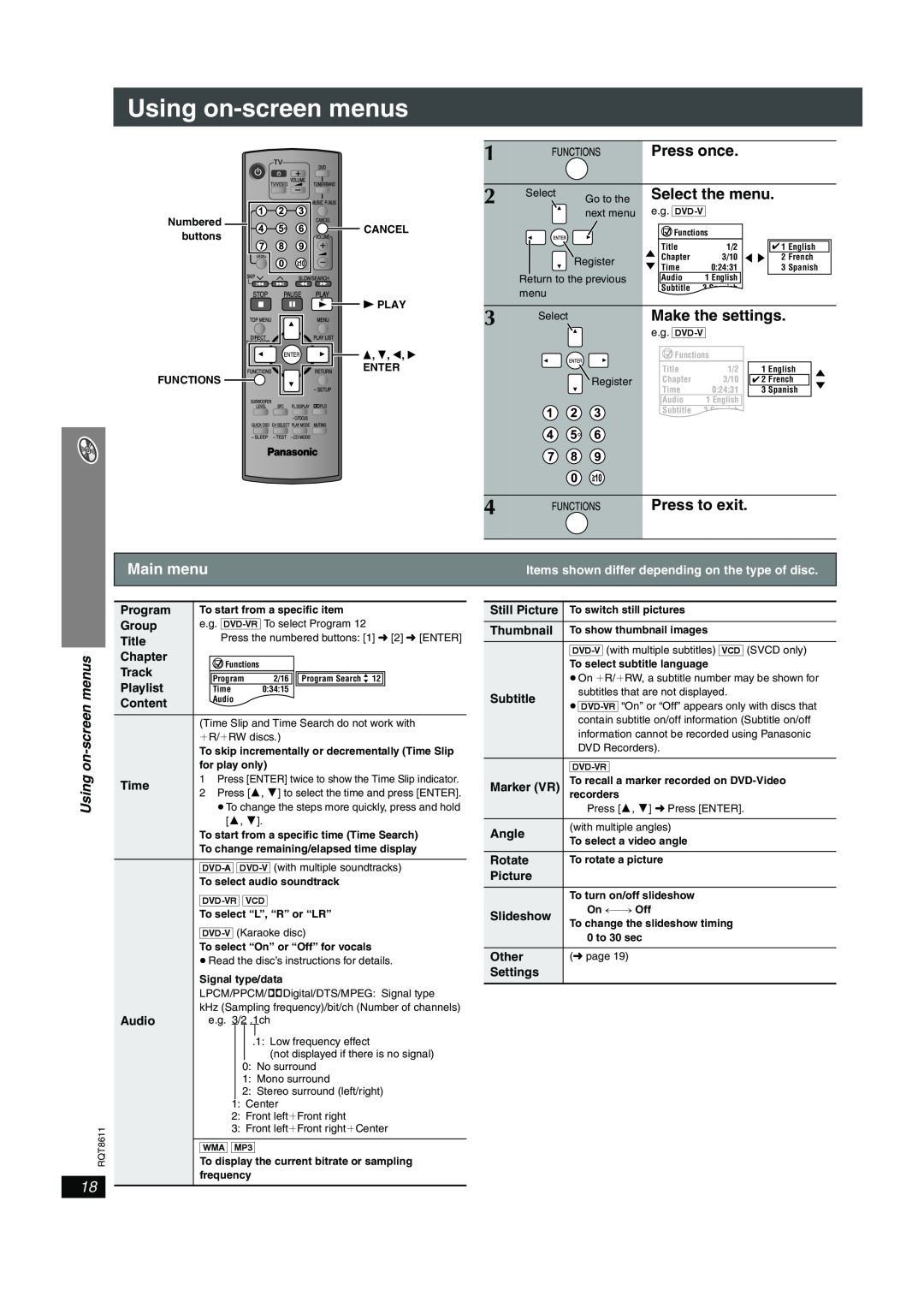 Panasonic SC-HT640W manual Press once, Select the menu, Make the settings, Press to exit, Main menu, screen, Using 