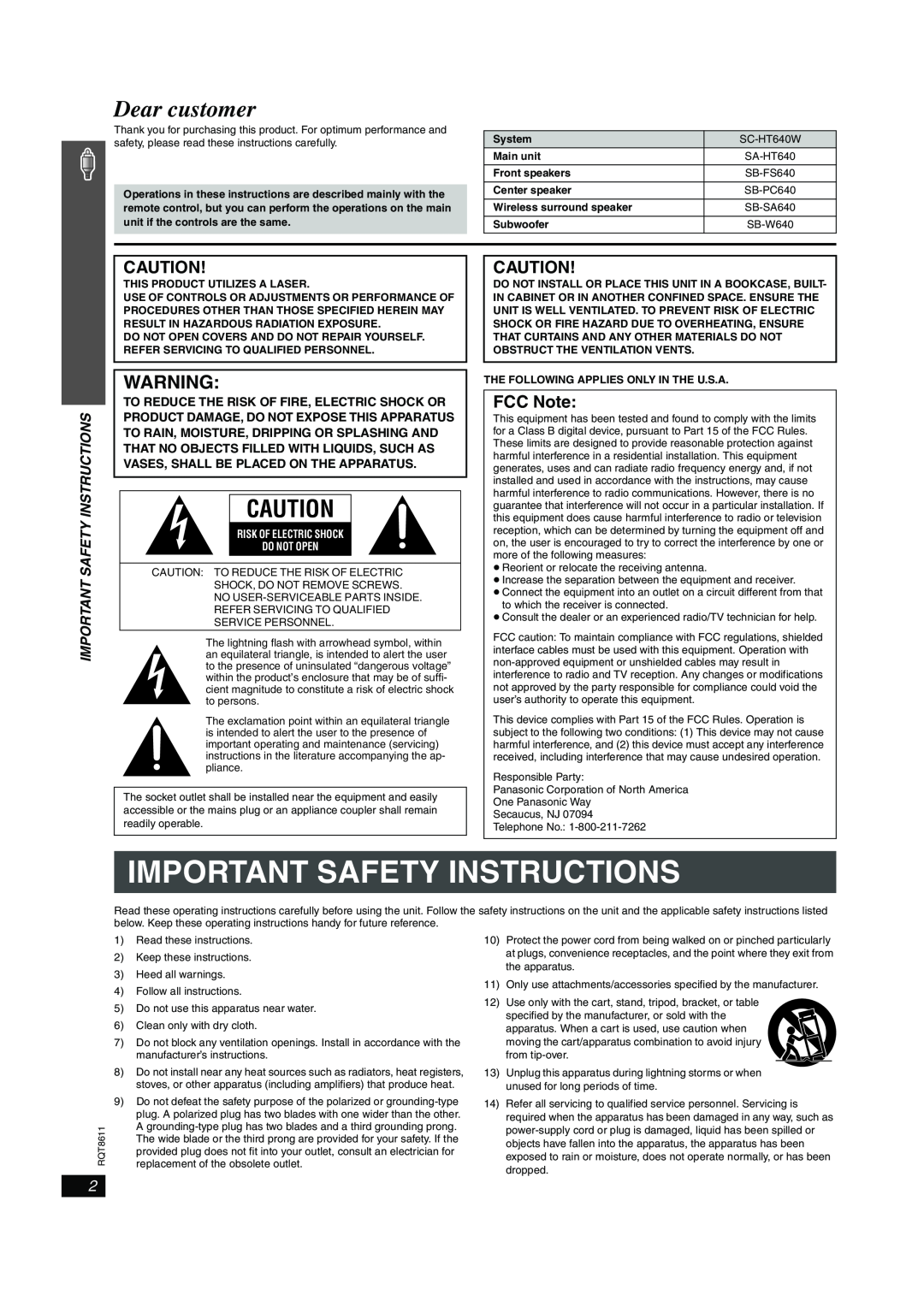 Panasonic SC-HT640W manual FCC Note, HT640W.bookPage2Friday,January20,20066 19PM, Important Safety Instructions 