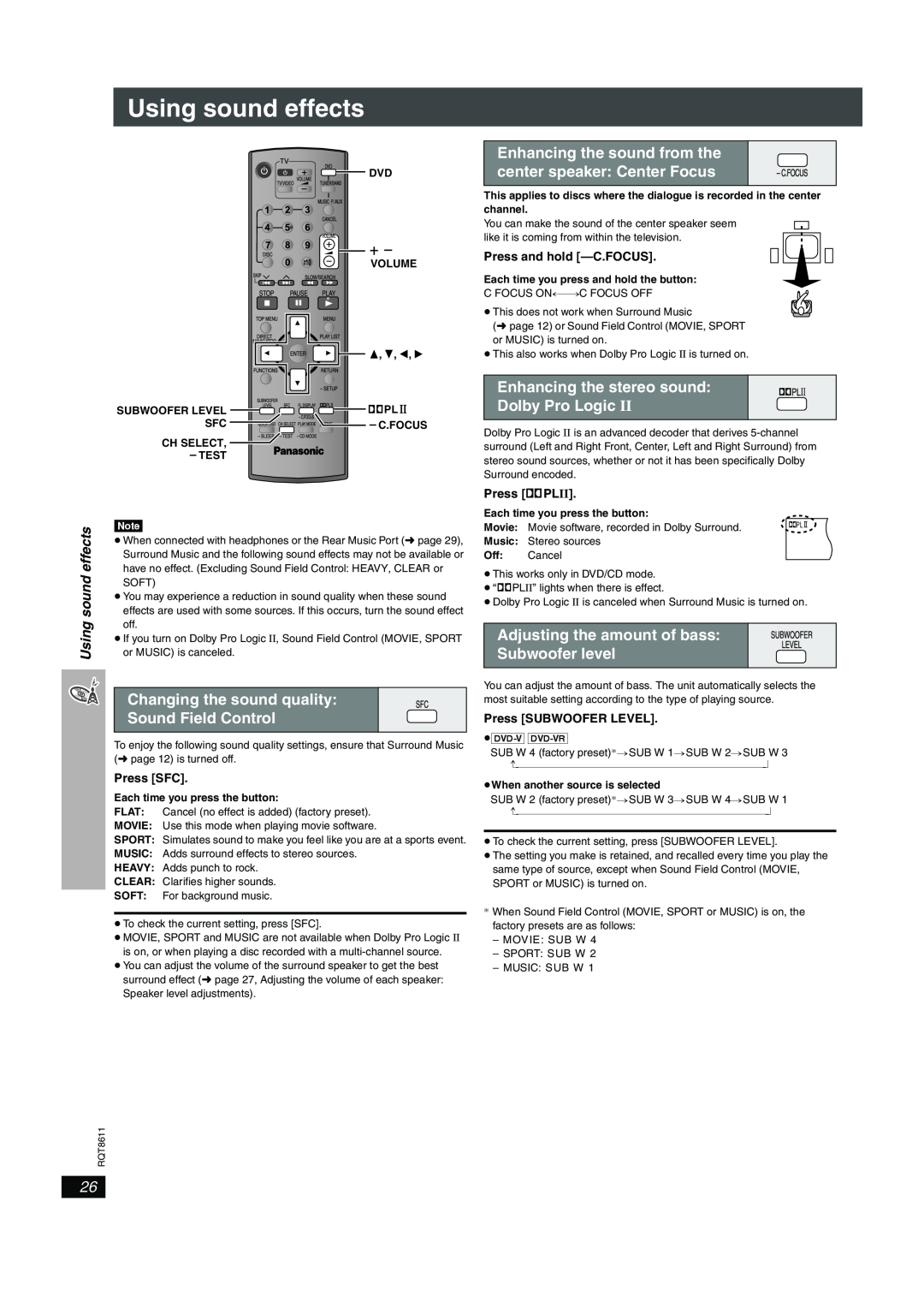 Panasonic SC-HT640W manual Using sound effects, Enhancing the sound from the, center speaker Center Focus 