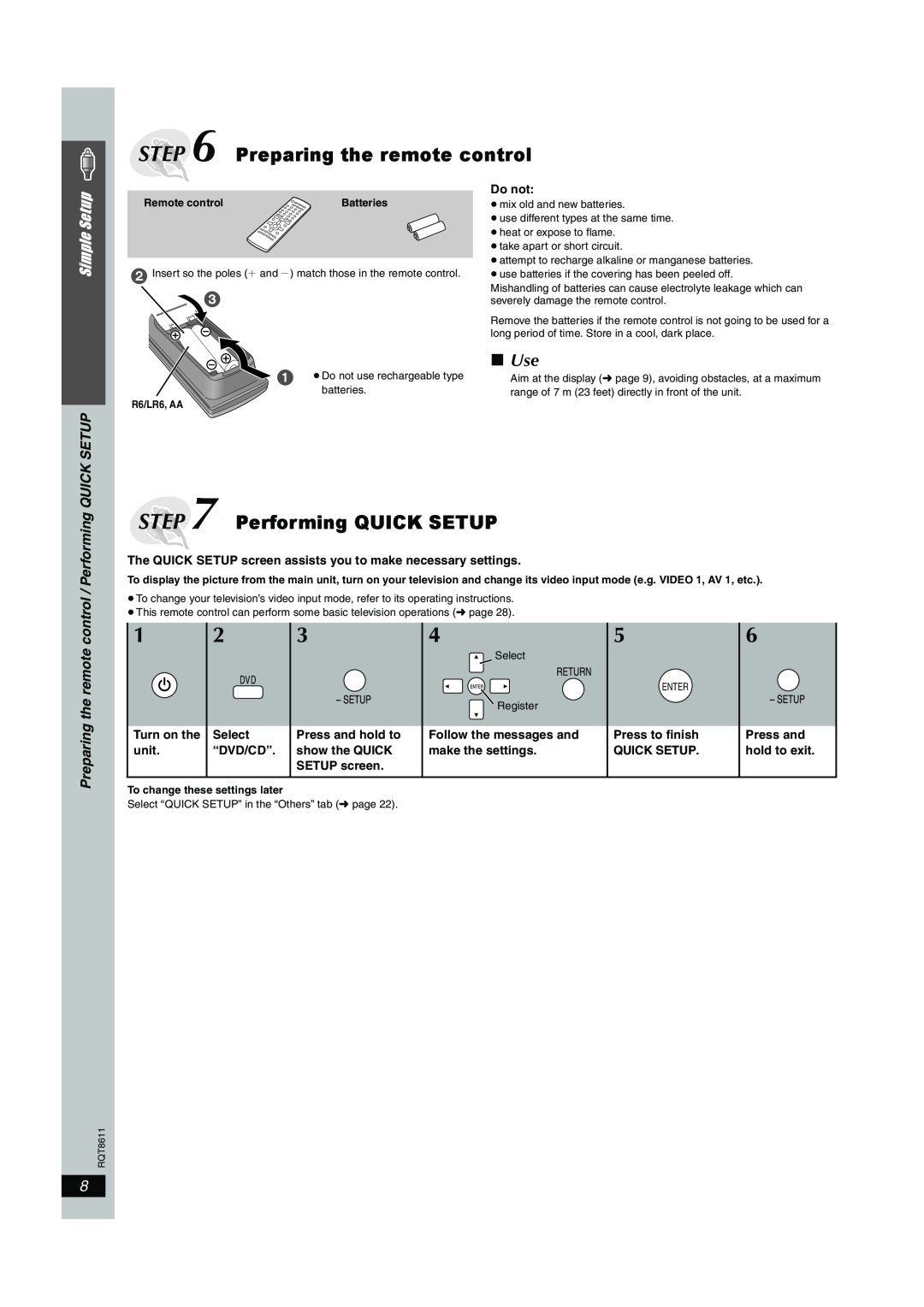 Panasonic SC-HT640W manual Step, Preparing the remote control, Performing QUICK SETUP, Use, Simple Setup 