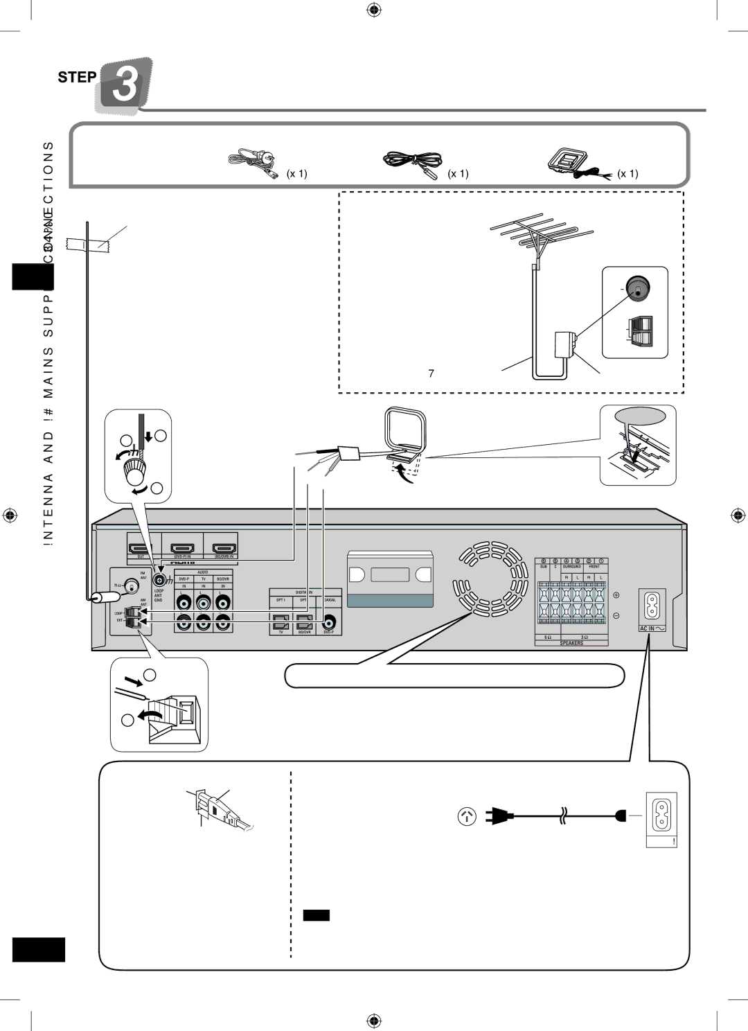 Panasonic SC-HT65 manual Antenna and AC mains supply connections, Supplied, For best reception, Click 