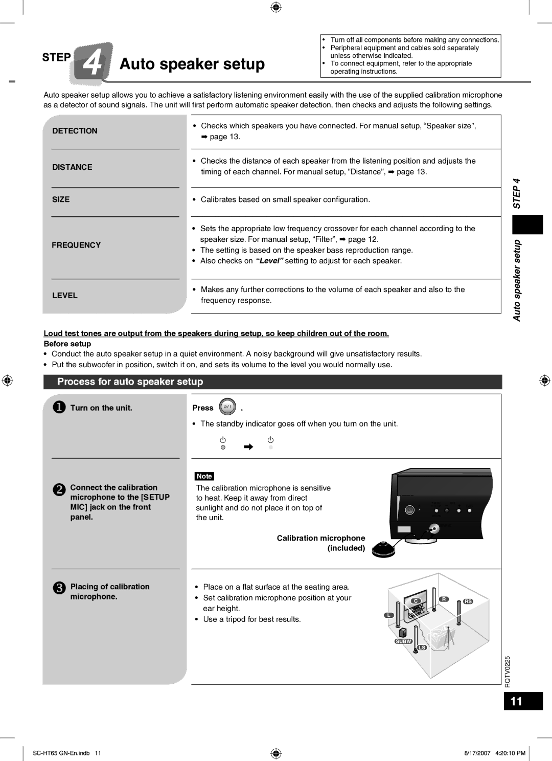 Panasonic SC-HT65 manual Process for auto speaker setup, Auto speaker setup Step 