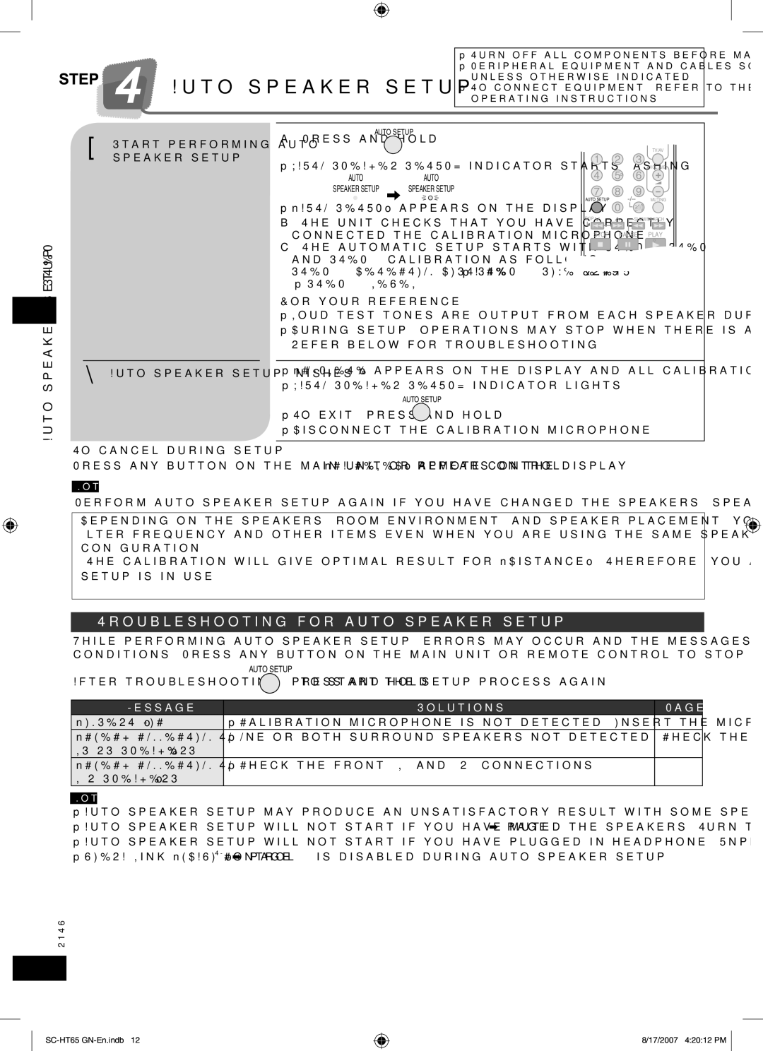 Panasonic SC-HT65 Troubleshooting for auto speaker setup,  Start performing auto speaker setup, Calibration as follows 