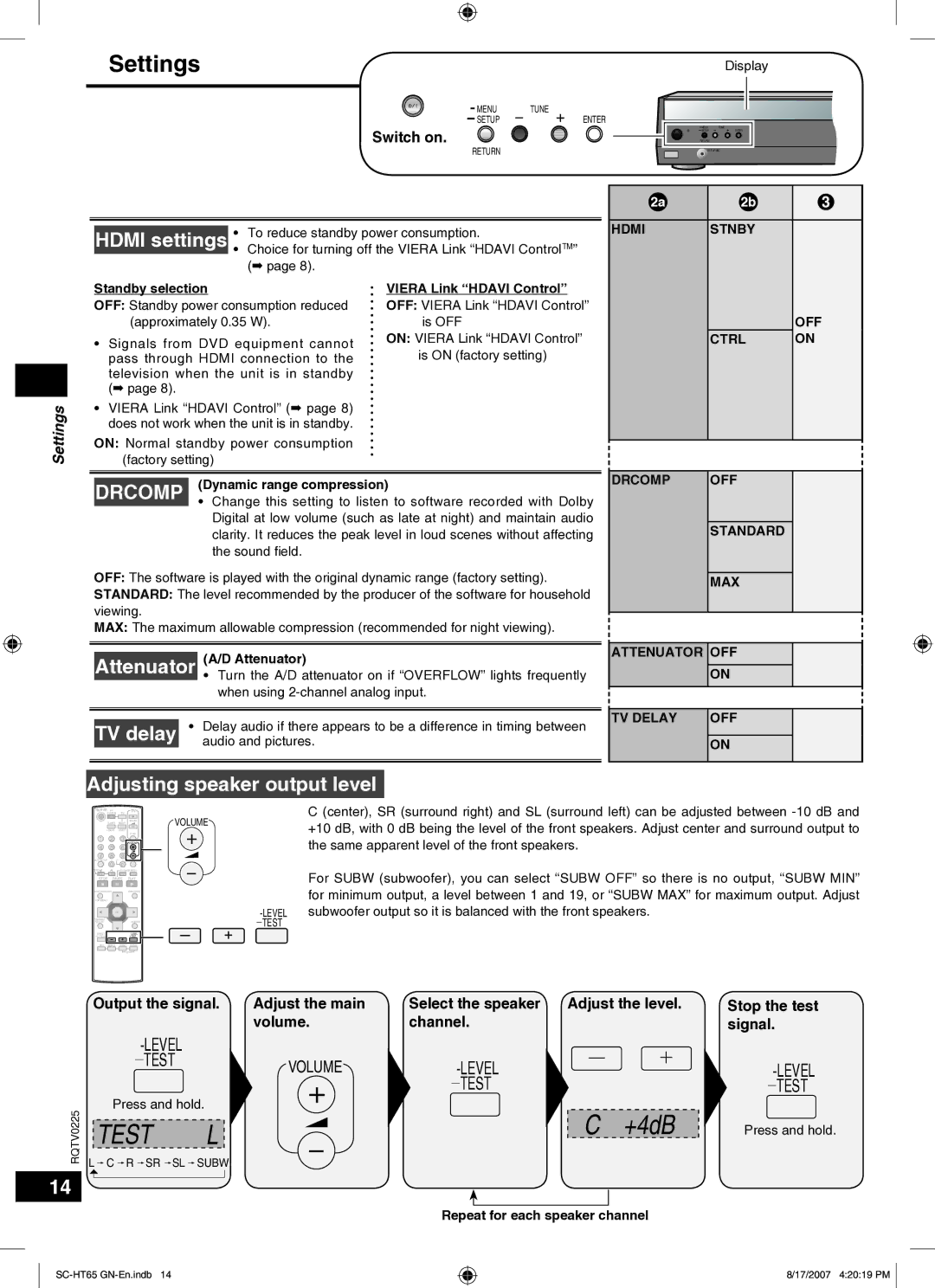 Panasonic SC-HT65 manual Stop the test signal, Off, Ctrl, Drcomp OFF Standard MAX Attenuator TV Delay 