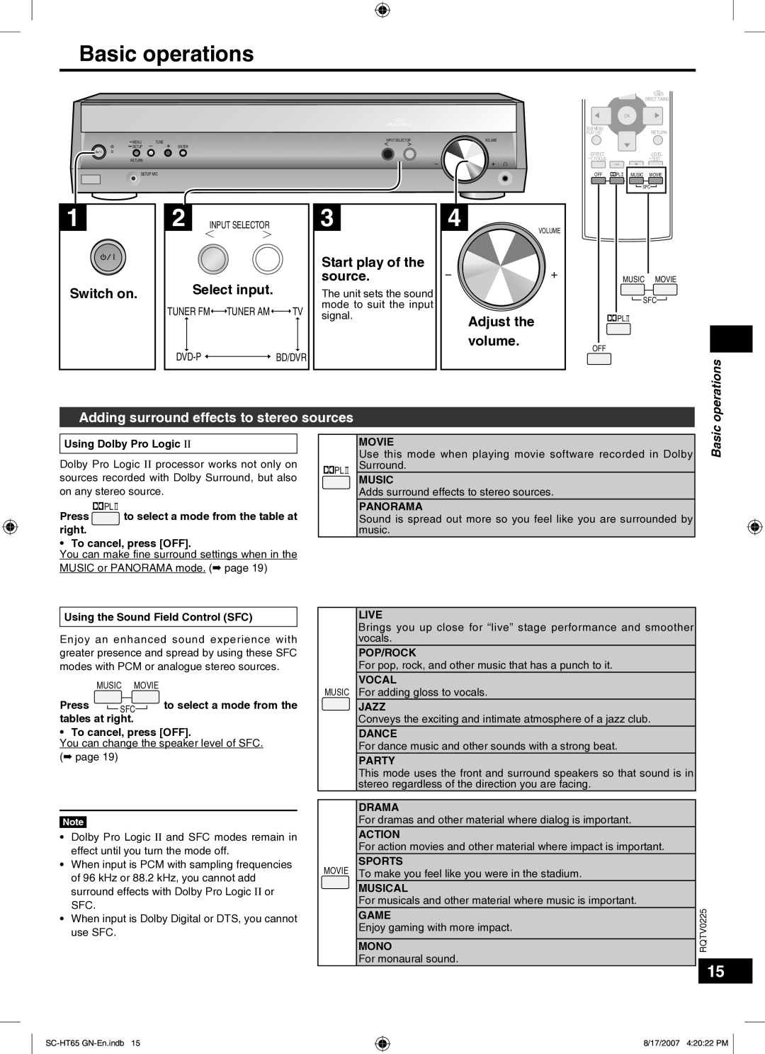 Panasonic SC-HT65 manual Basic operations, Adding surround effects to stereo sources 