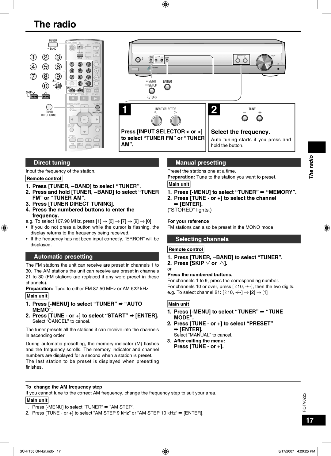 Panasonic SC-HT65 manual Radio, Direct tuning, Manual presetting, Selecting channels, Automatic presetting 