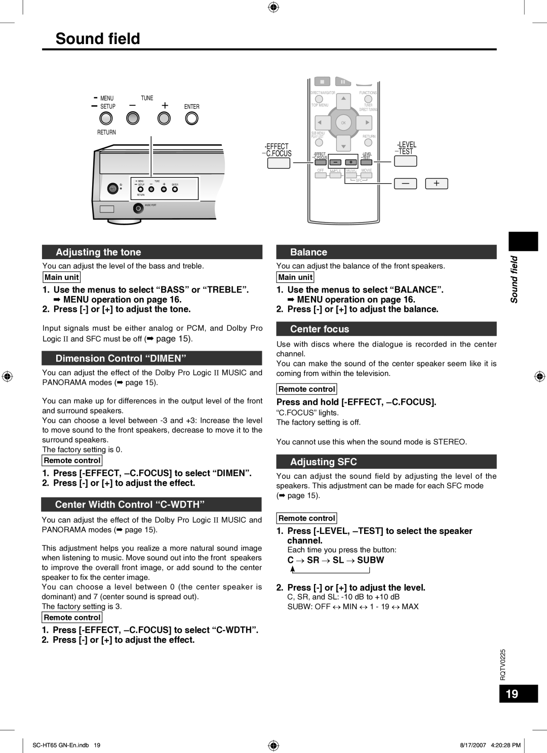 Panasonic SC-HT65 manual Sound ﬁeld 