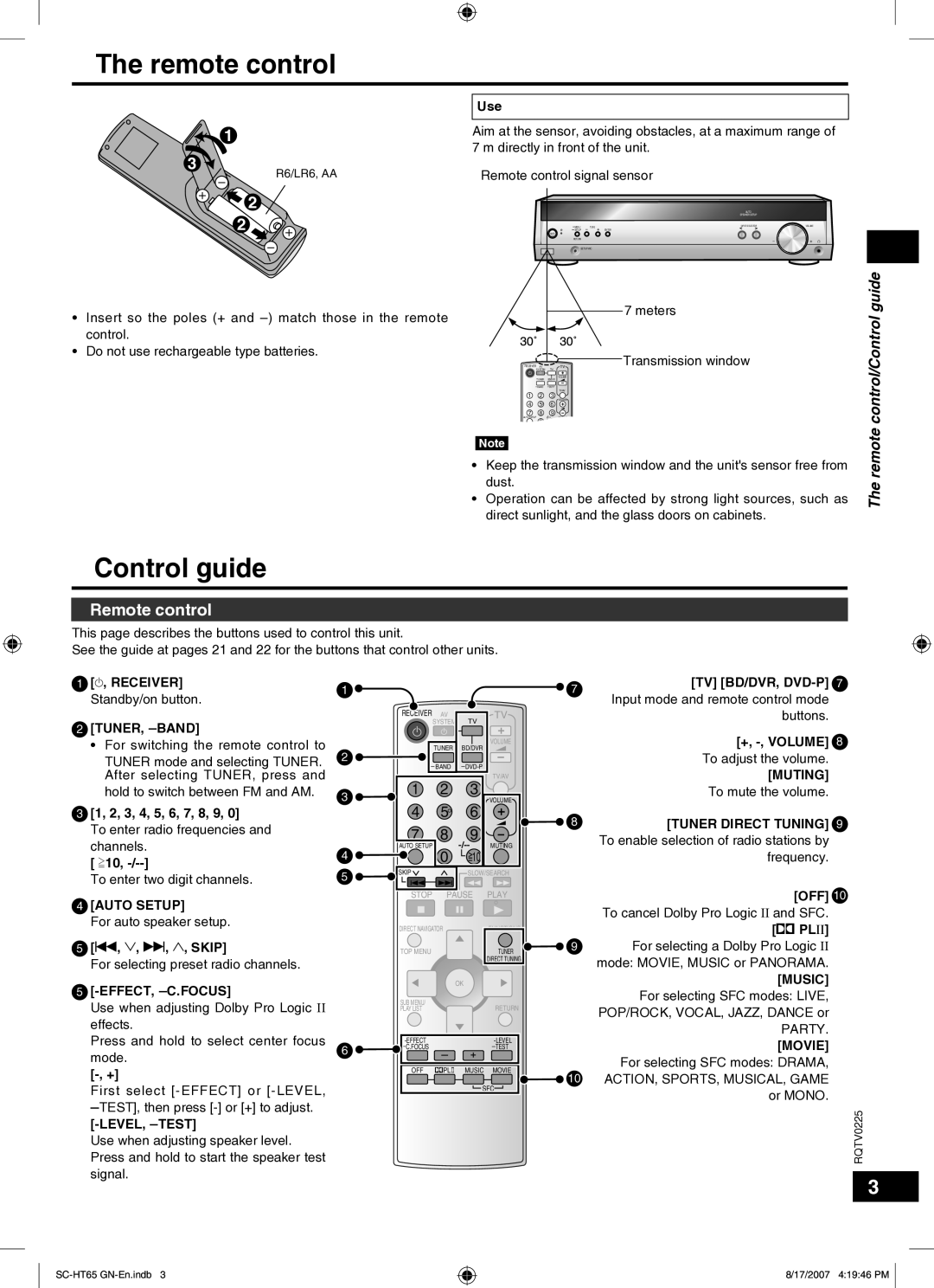 Panasonic SC-HT65 manual Remote control/Control guide 