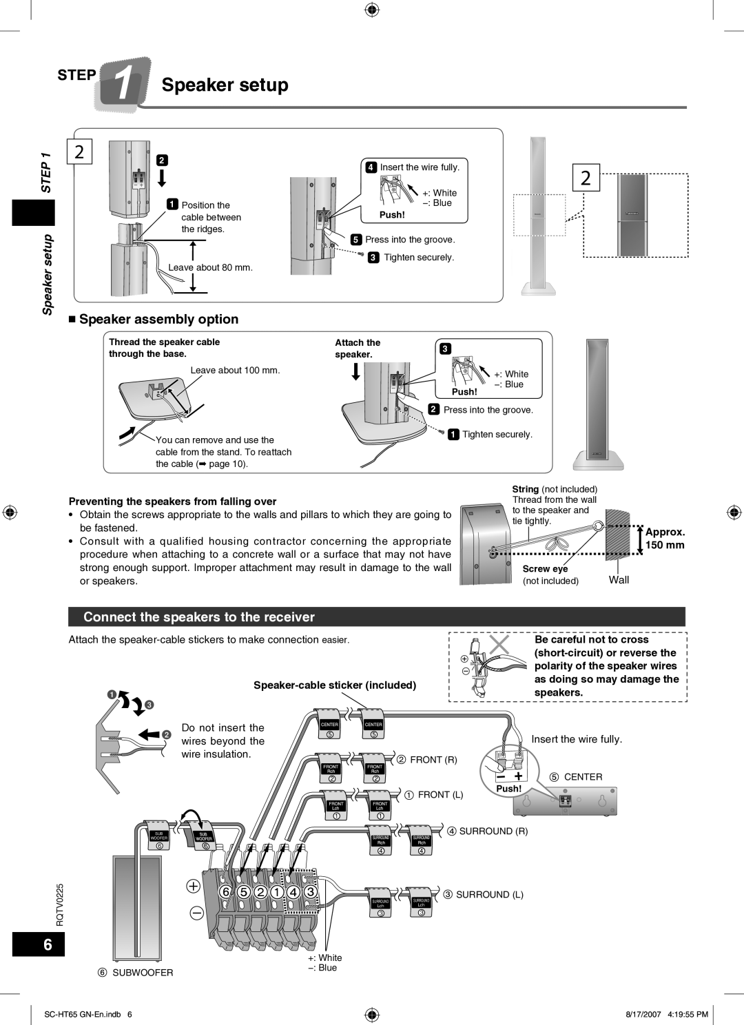 Panasonic SC-HT65 manual Speaker assembly option, Connect the speakers to the receiver, Speaker setup Step 