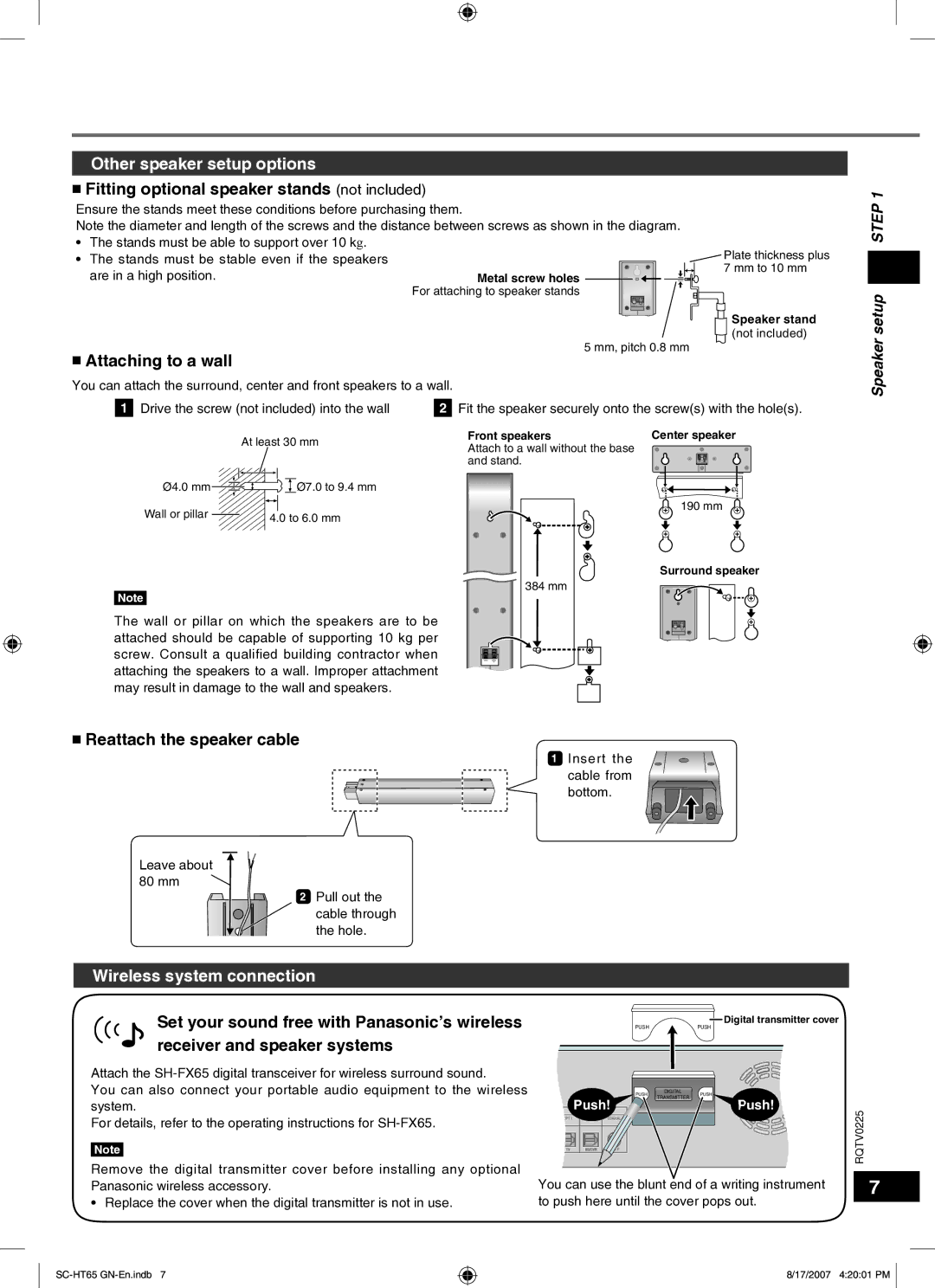 Panasonic SC-HT65 manual Other speaker setup options, Fitting optional speaker stands not included, Attaching to a wall 