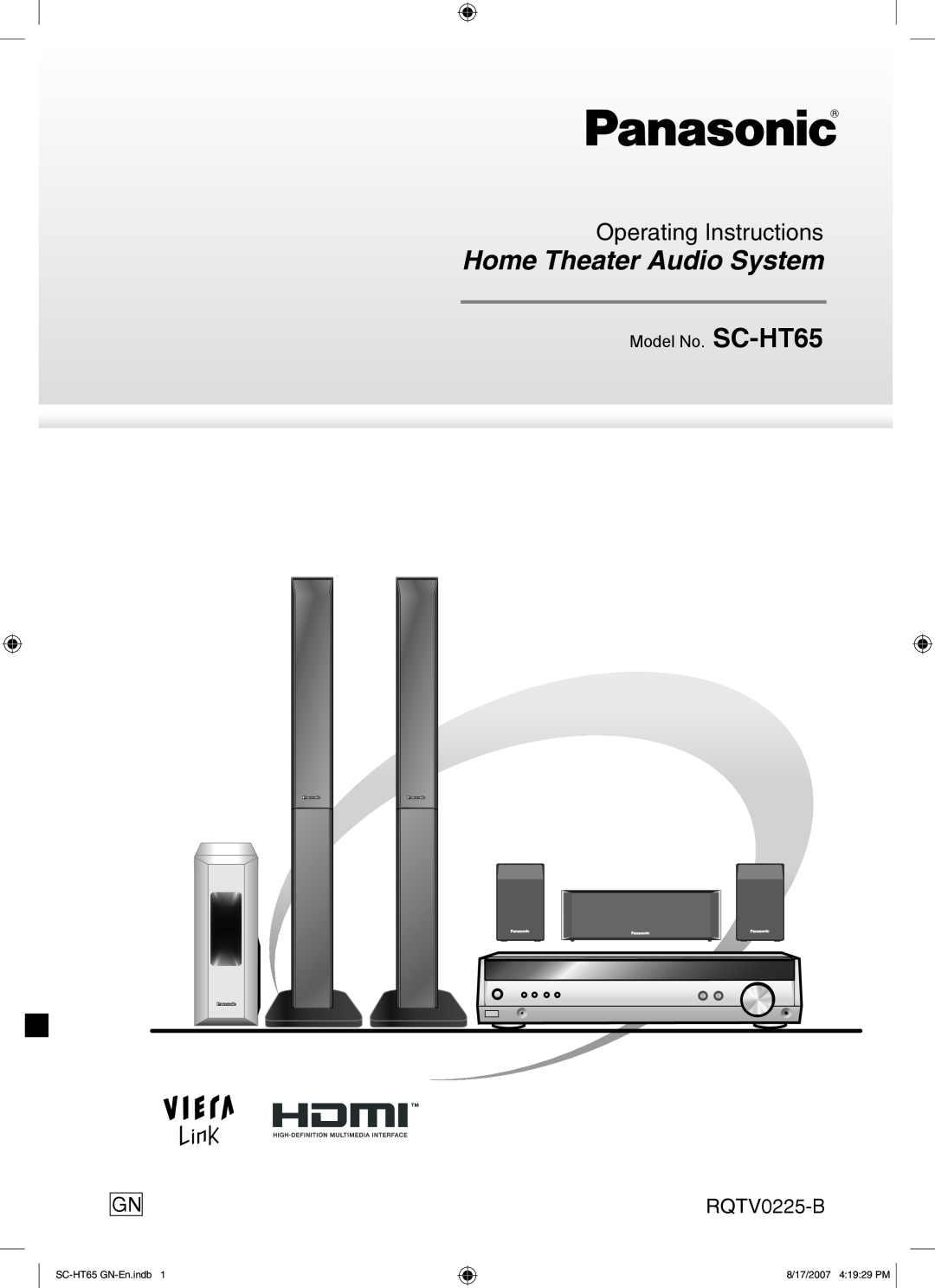 Panasonic manual RQTV0225-B, Home Theater Audio System, Operating Instructions, Model No. SC-HT65, SC-HT65 GN-En.indb1 
