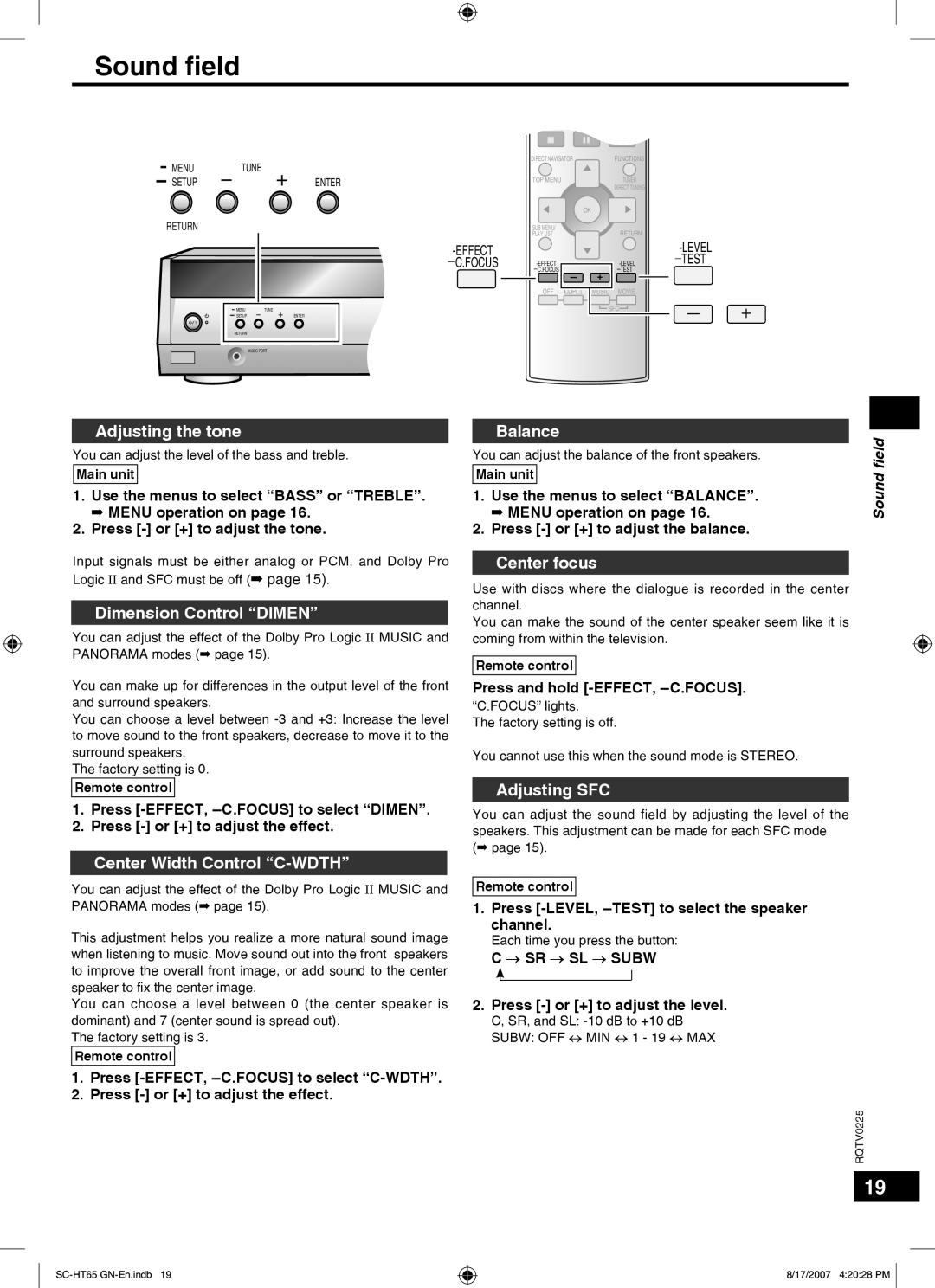 Panasonic SC-HT65 manual Sound ﬁeld, Adjusting the tone, Dimension Control “DIMEN”, Center Width Control “C-WDTH”, Balance 