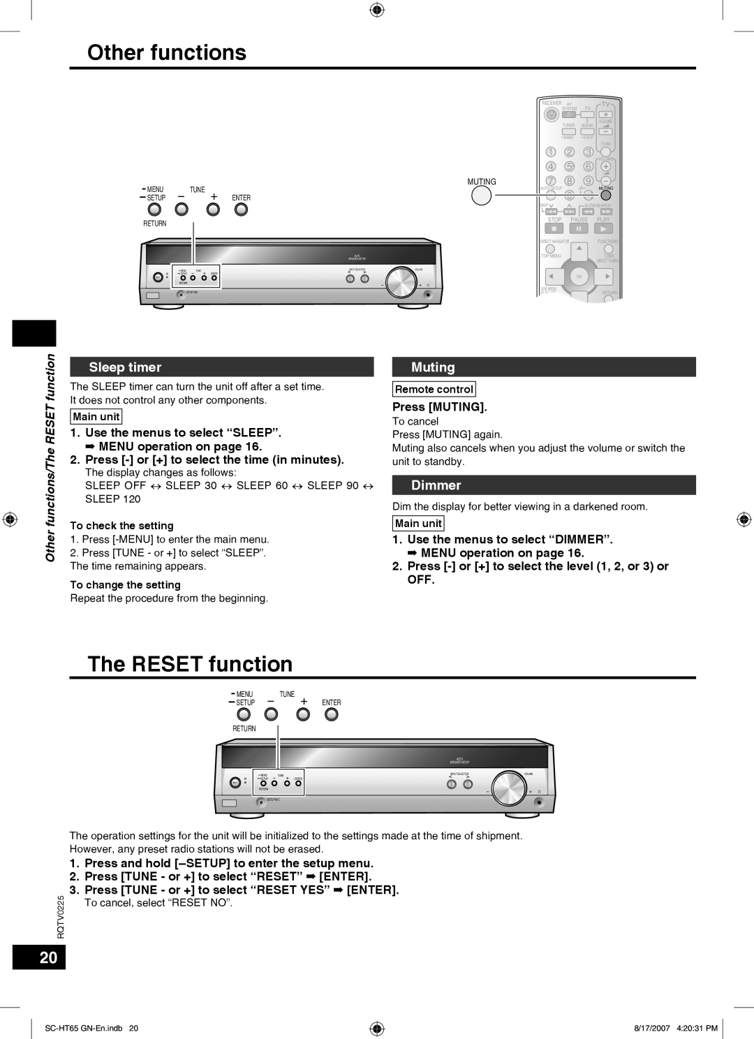 Panasonic SC-HT65 manual Sleep timer, Muting, Dimmer, Other functions/The RESET function, Press MUTING 