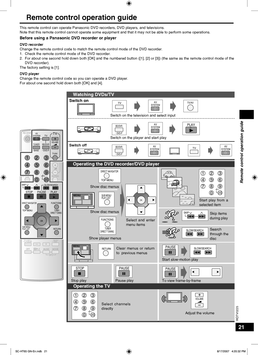 Panasonic SC-HT65 manual Remote control operation guide, Watching DVDs/TV, Operating the DVD recorder/DVD player 