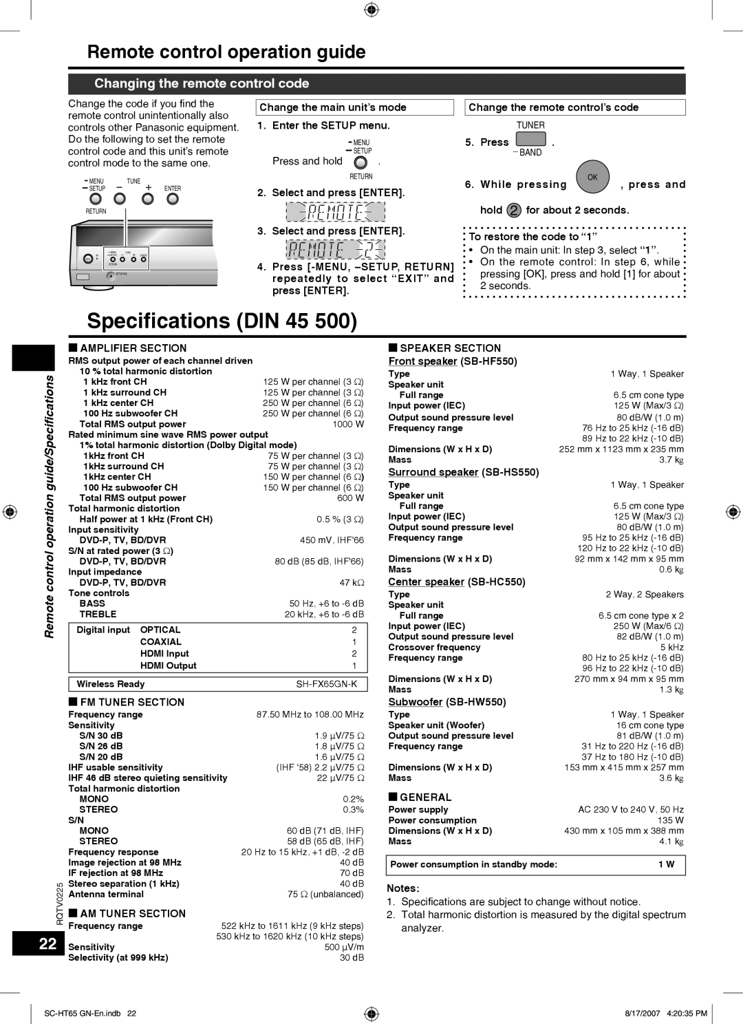 Panasonic SC-HT65 manual Speciﬁcations DIN 45, Remote control operation guide, Changing the remote control code 