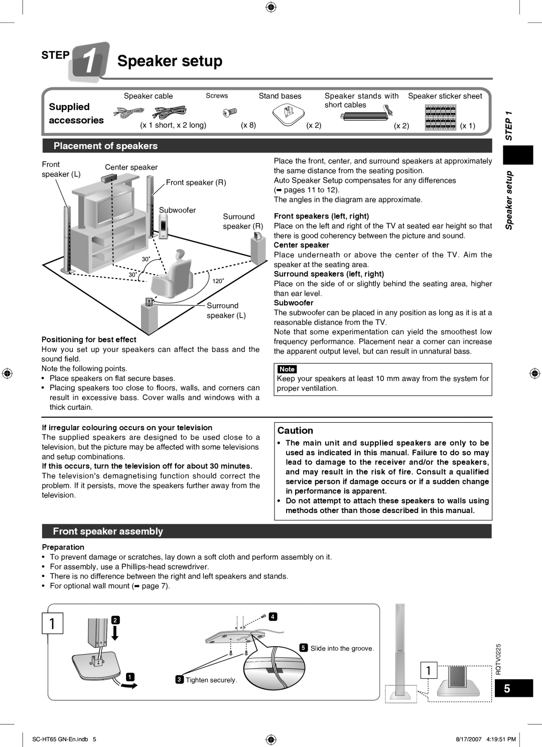 Panasonic SC-HT65 manual Speaker setup, Supplied, accessories, Placement of speakers, Front speaker assembly, Step 