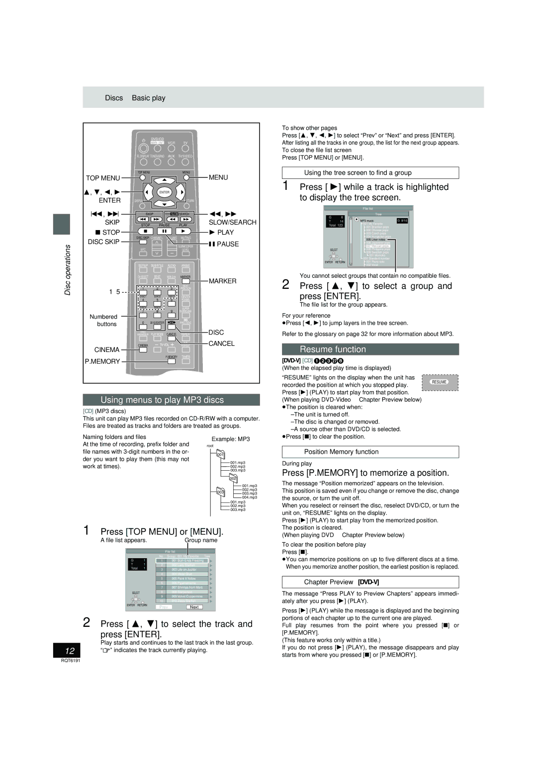 Panasonic SC-HT67 warranty Using menus to play MP3 discs, Resume function, Press TOP Menu or Menu 