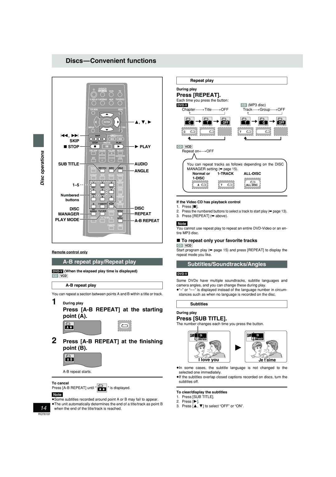 Panasonic SC-HT67 warranty Discs-Convenient functions, Press Repeat, Repeat play/Repeat play, Subtitles/Soundtracks/Angles 