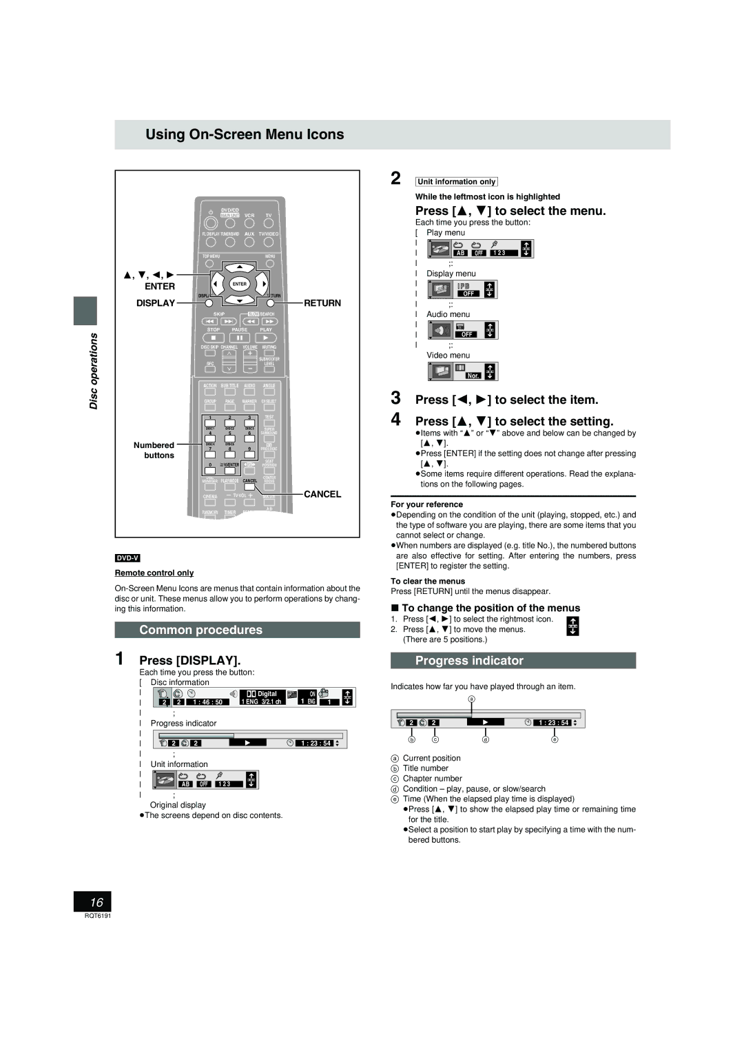 Panasonic SC-HT67 warranty Using On-Screen Menu Icons, Common procedures, Press Display, Press 3, 4 to select the menu 