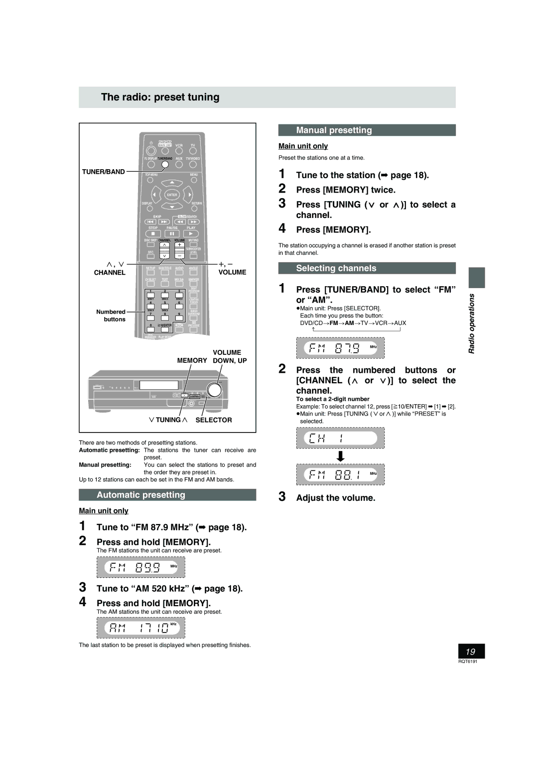 Panasonic SC-HT67 warranty Radio preset tuning, Automatic presetting, Manual presetting, Selecting channels 