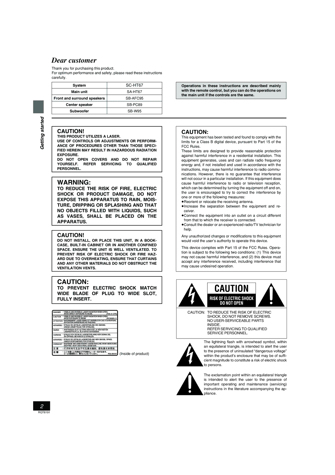 Panasonic SC-HT67 warranty Getting started, System, SB-W95 