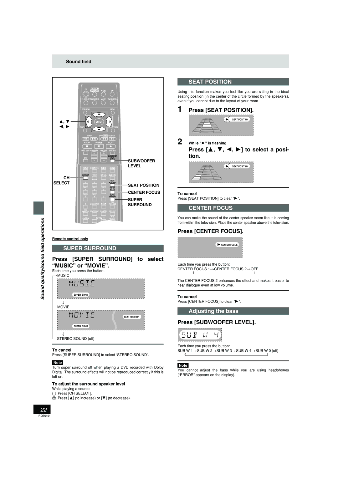 Panasonic SC-HT67 warranty Press Super Surround to select Music or Movie, Press Seat Position, Press Center Focus 