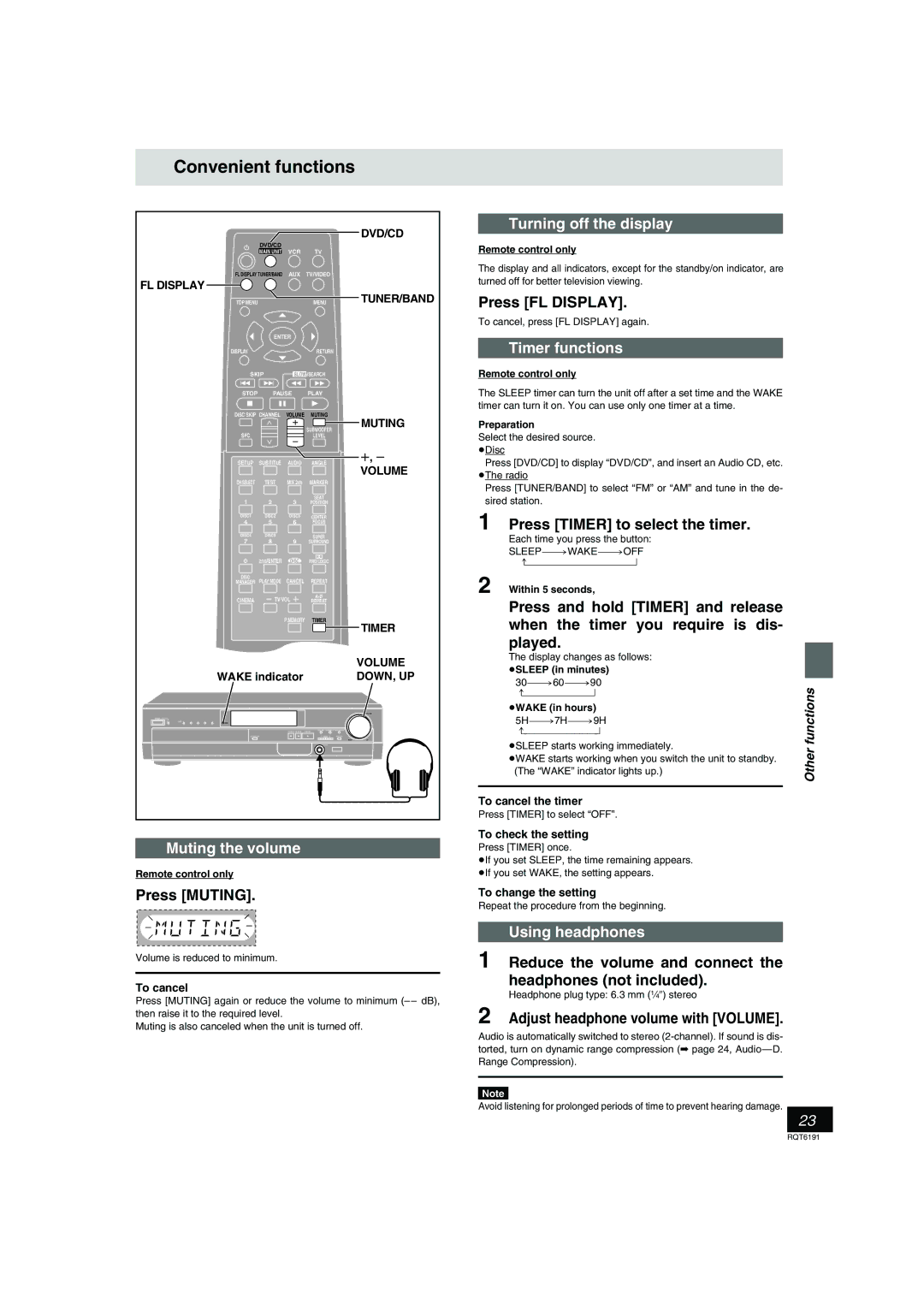 Panasonic SC-HT67 Convenient functions, Muting the volume, Turning off the display, Timer functions, Using headphones 