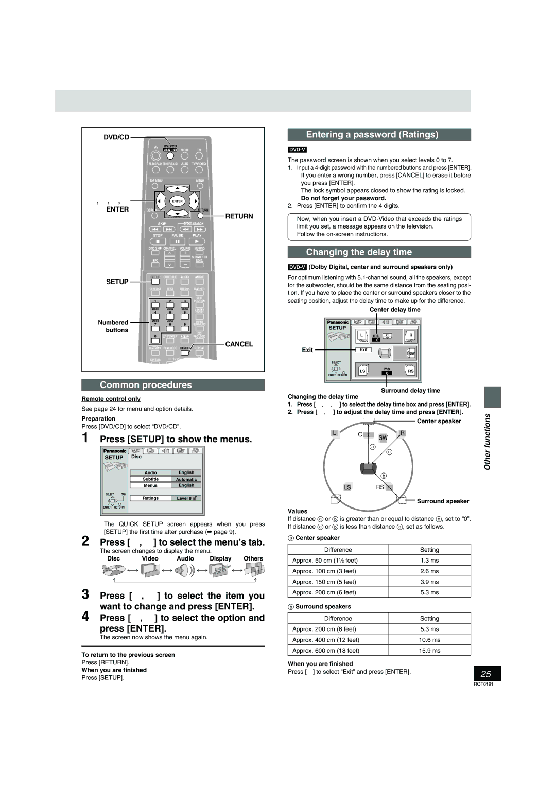 Panasonic SC-HT67 warranty Entering a password Ratings, Changing the delay time, Press Setup to show the menus 