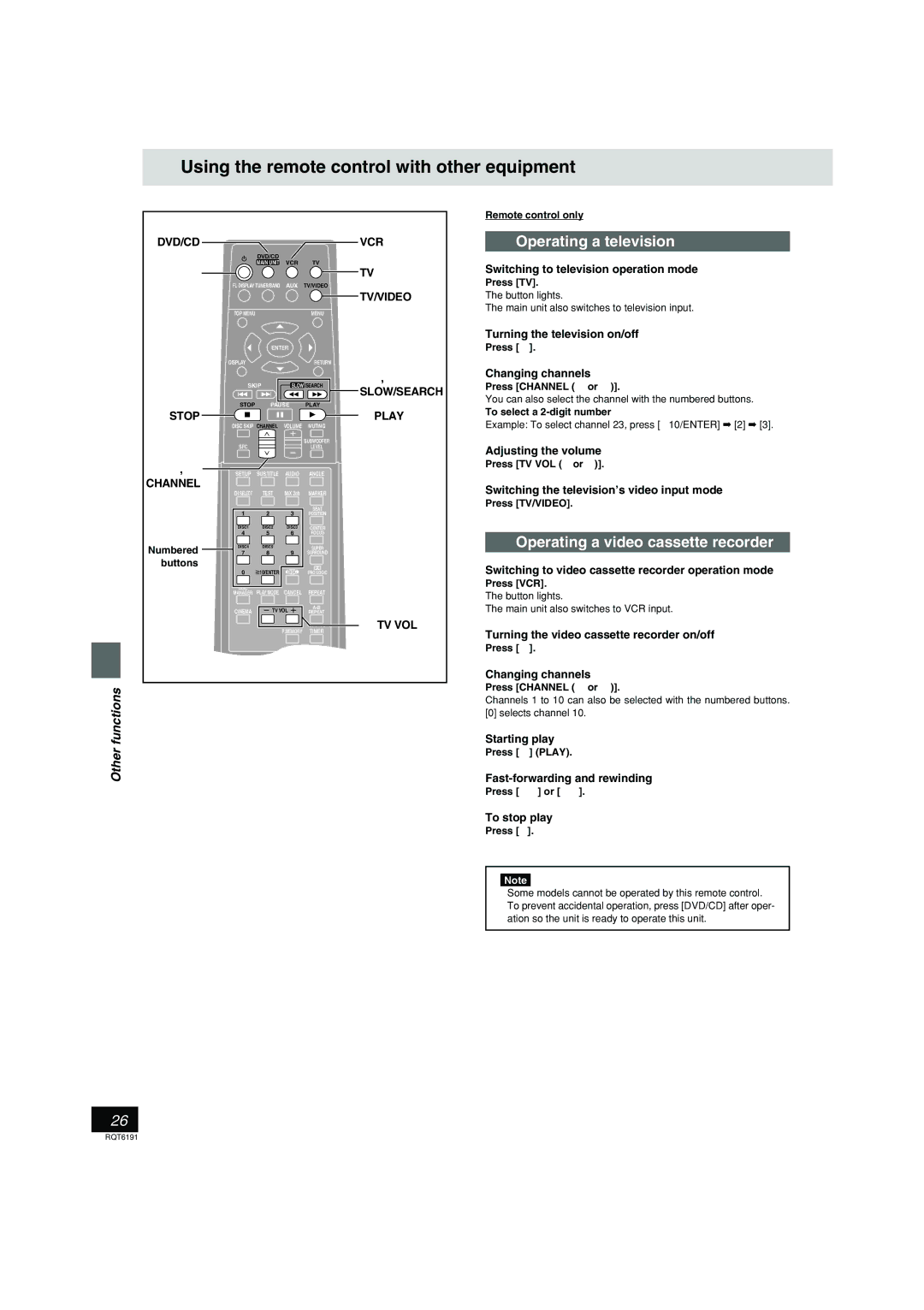 Panasonic SC-HT67 warranty Using the remote control with other equipment, Operating a television, DVD/CD Stop Channel 