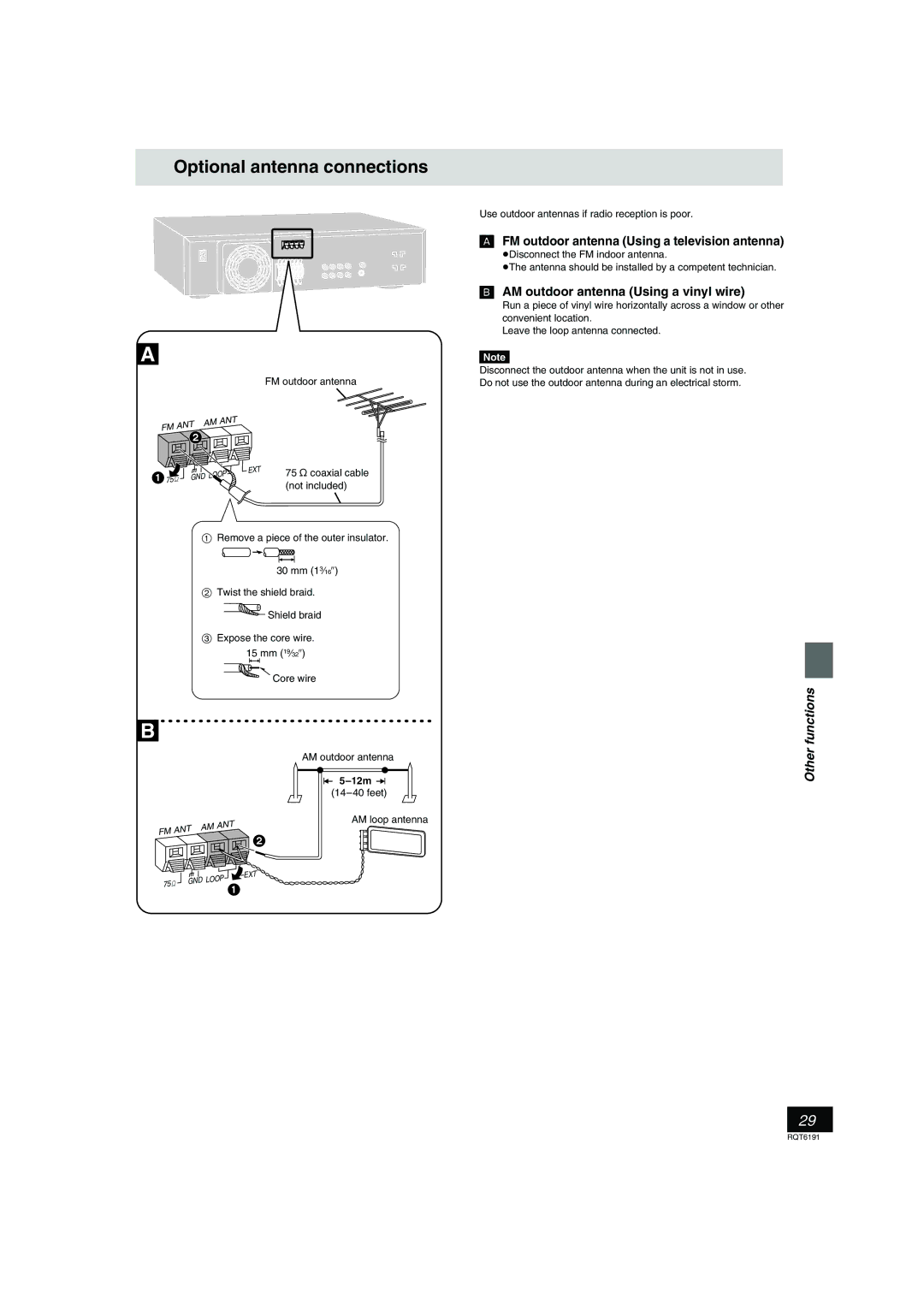 Panasonic SC-HT67 warranty Optional antenna connections, FM outdoor antenna Using a television antenna, 12m 