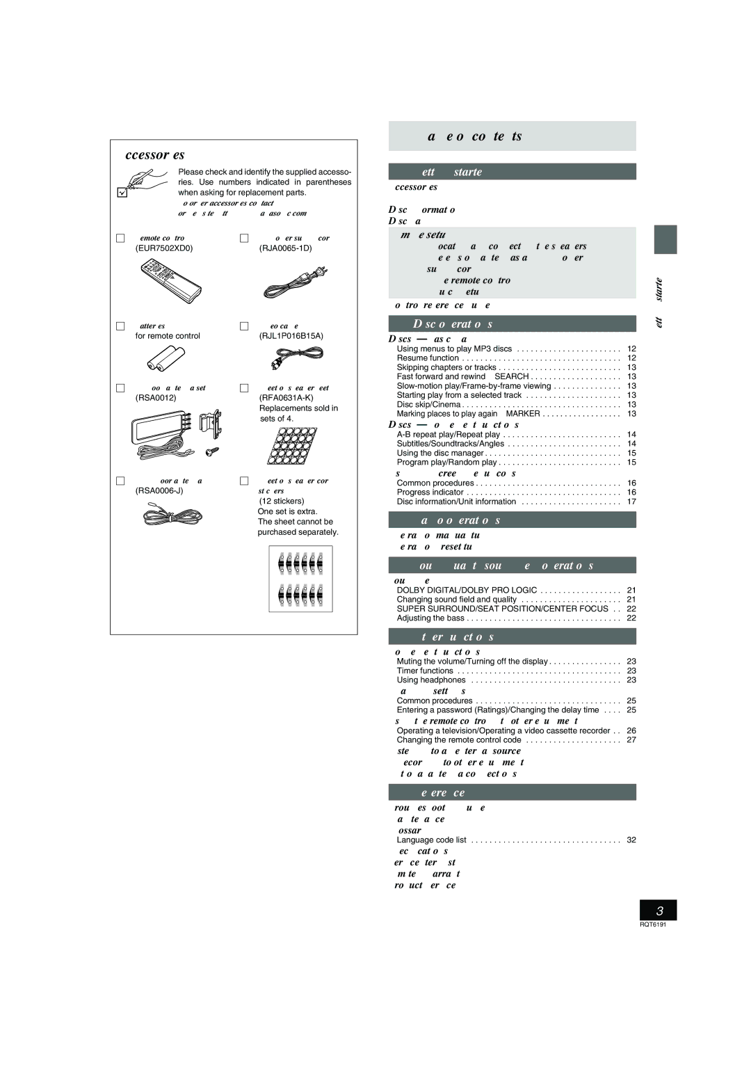 Panasonic SC-HT67 warranty Accessories, Table of contents 