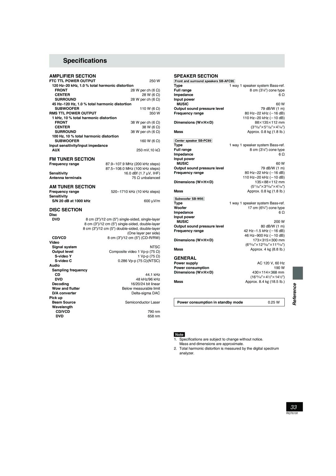 Panasonic SC-HT67 warranty Specifications 