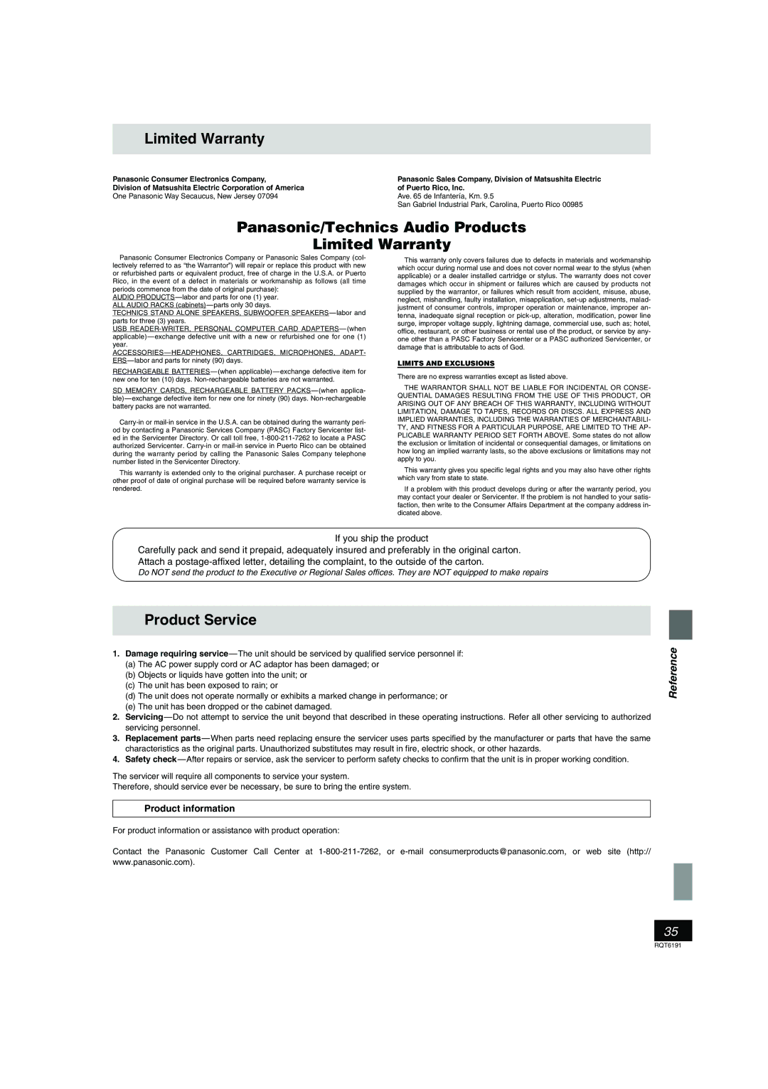 Panasonic SC-HT67 warranty Panasonic/Technics Audio Products Limited Warranty, Product Service, Product information 