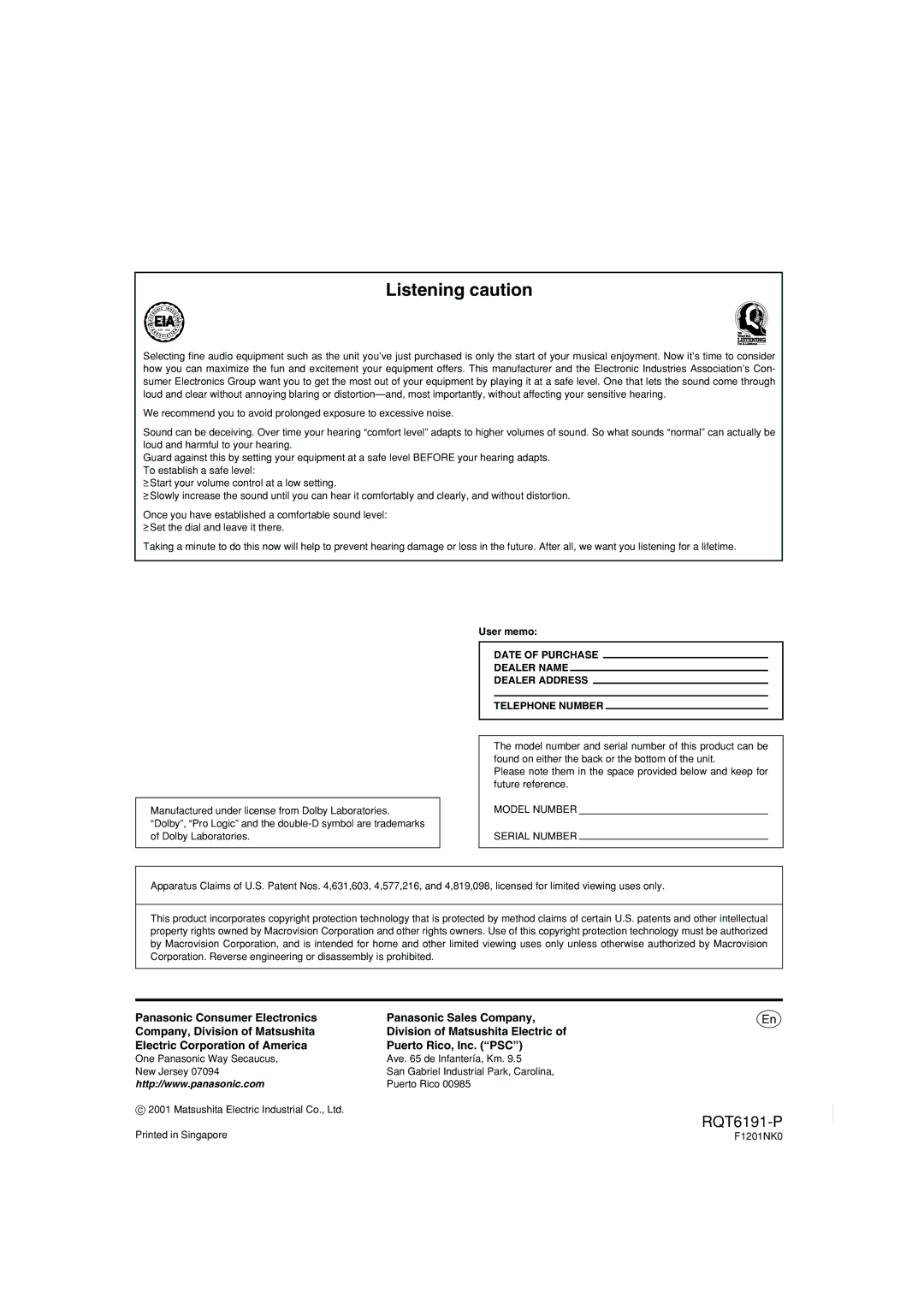 Panasonic SC-HT67 warranty Listening caution, User memo, F1201NK0 