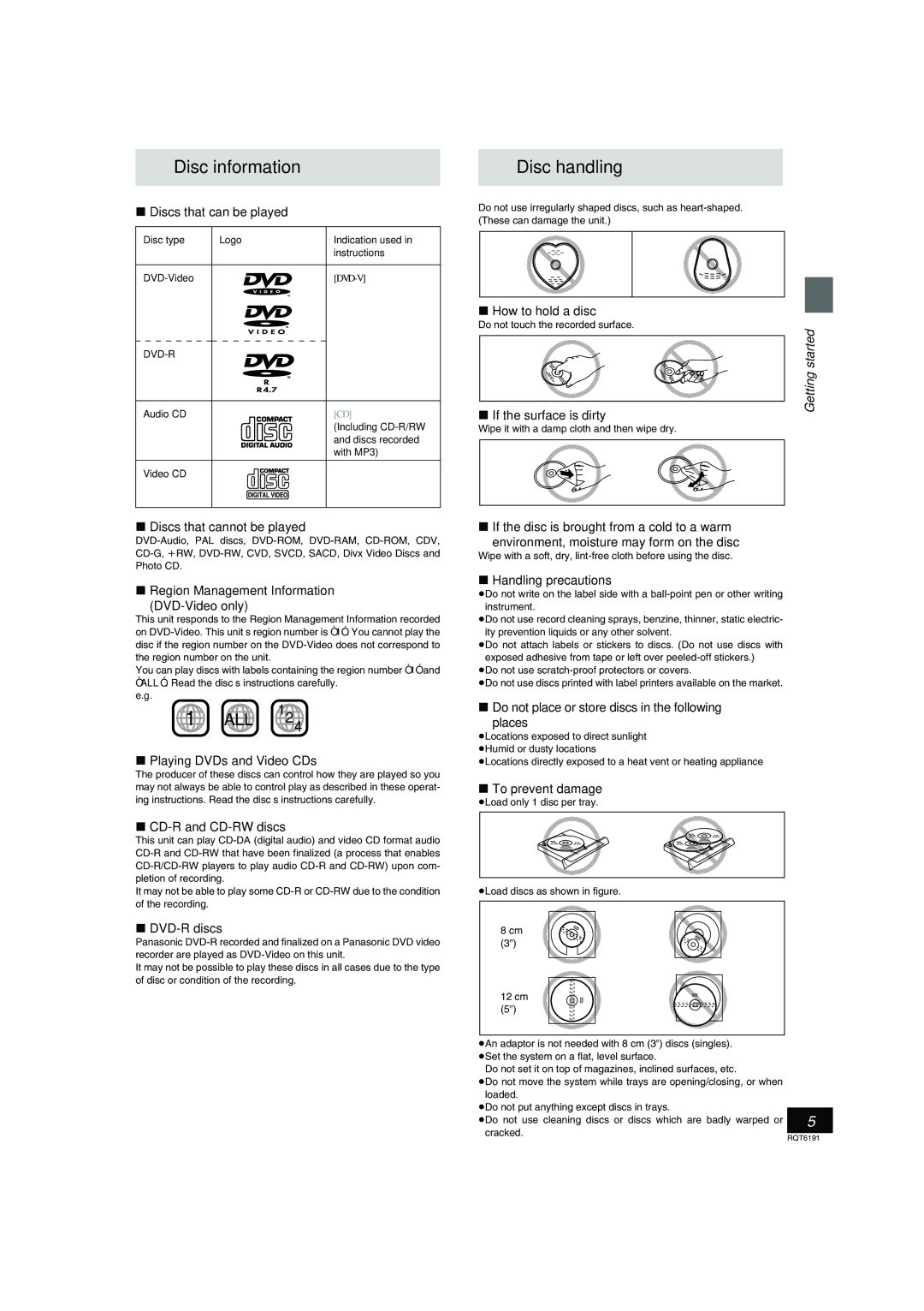 Panasonic SC-HT67 warranty Disc information, Disc handling 