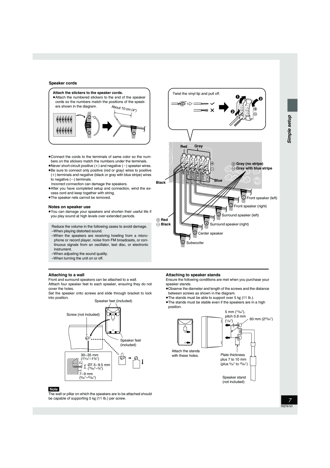 Panasonic SC-HT67 warranty Simple setup, Speaker cords, About 10 cm, Attaching to a wall, Attaching to speaker stands 