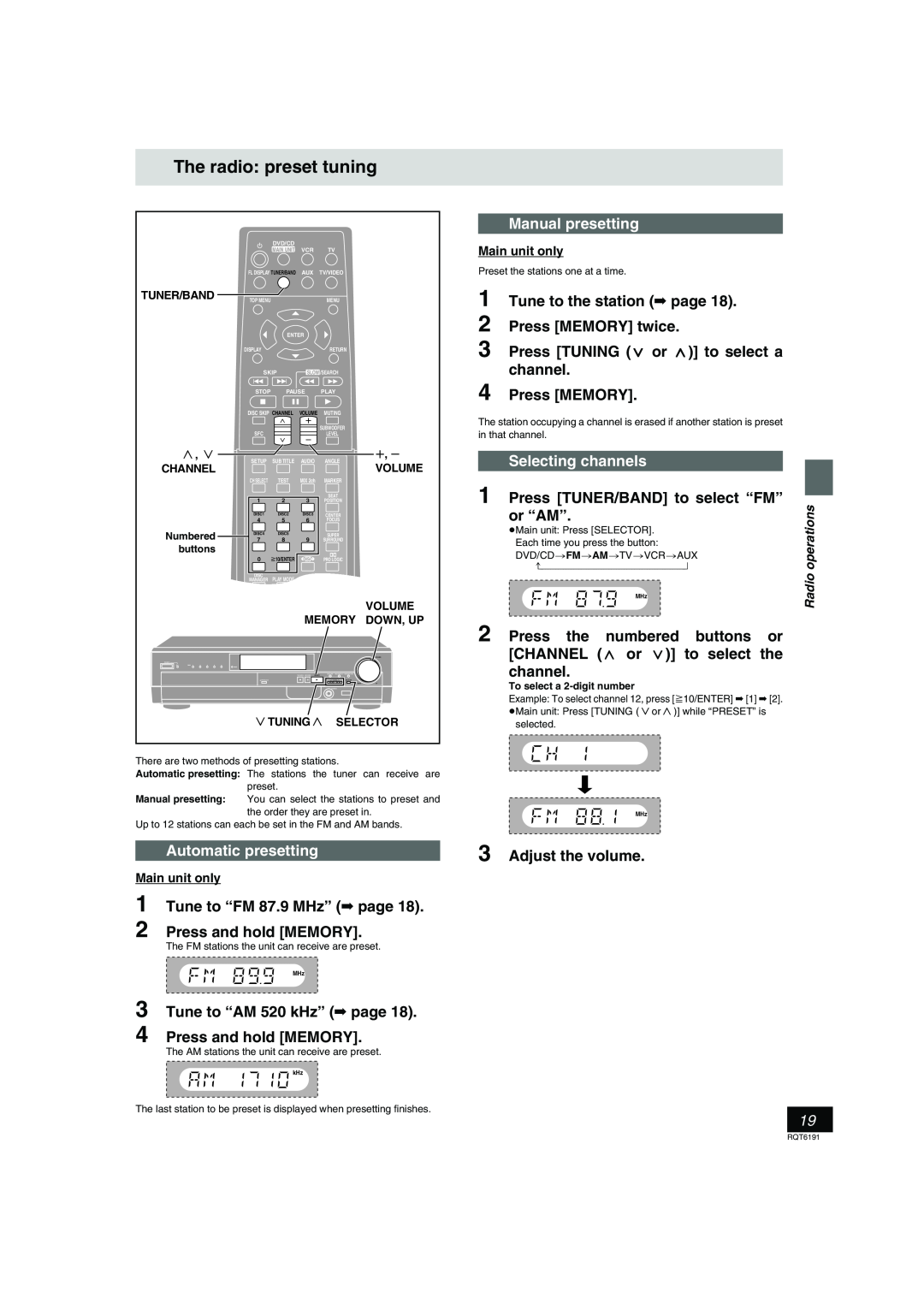 Panasonic SC-HT67 The radio preset tuning, Automatic presetting, 1Tune to “FM 87.9 MHz” page, 2Press and hold MEMORY 
